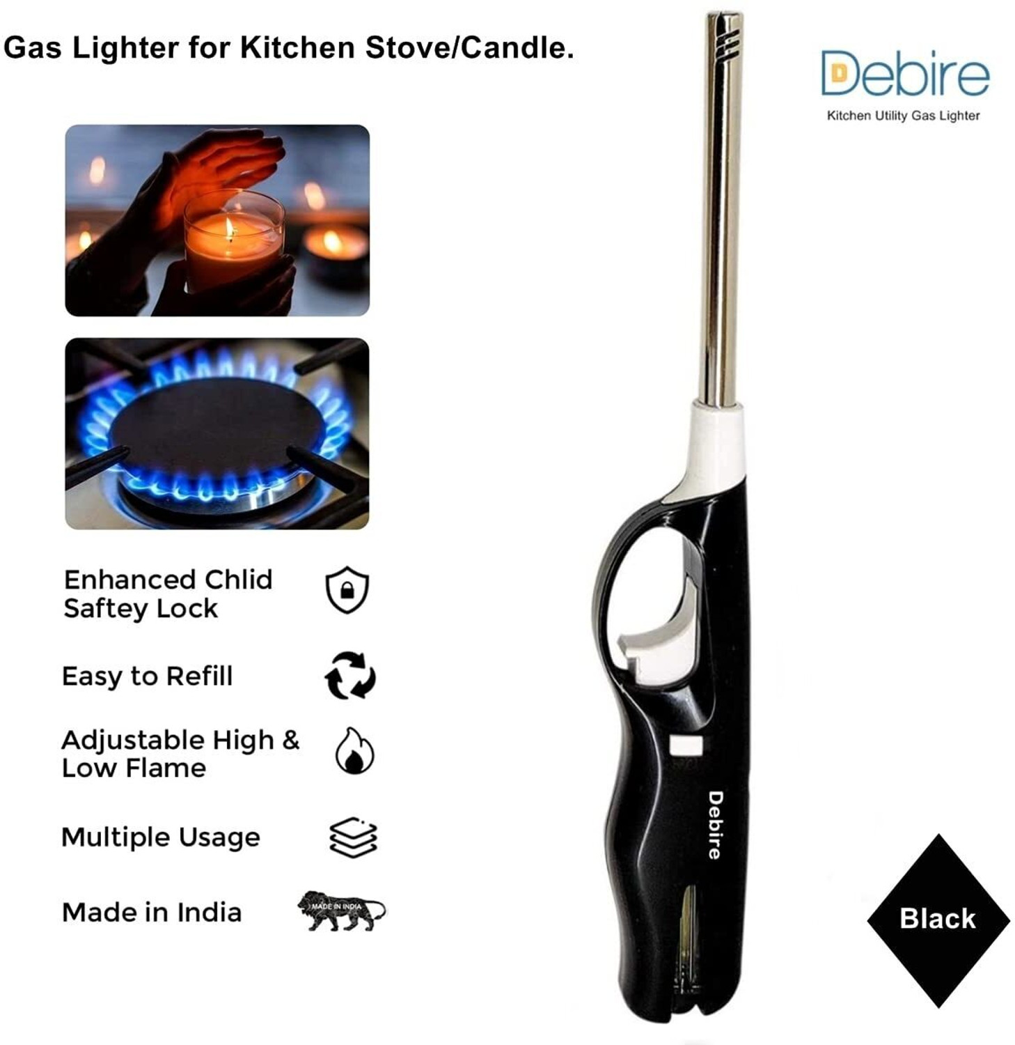 Image of FLEGN Gas Lighter For Kitchen Stove and Candles Use, Flame Adjustable, Refillable, ABS Plastic Gas Lighter