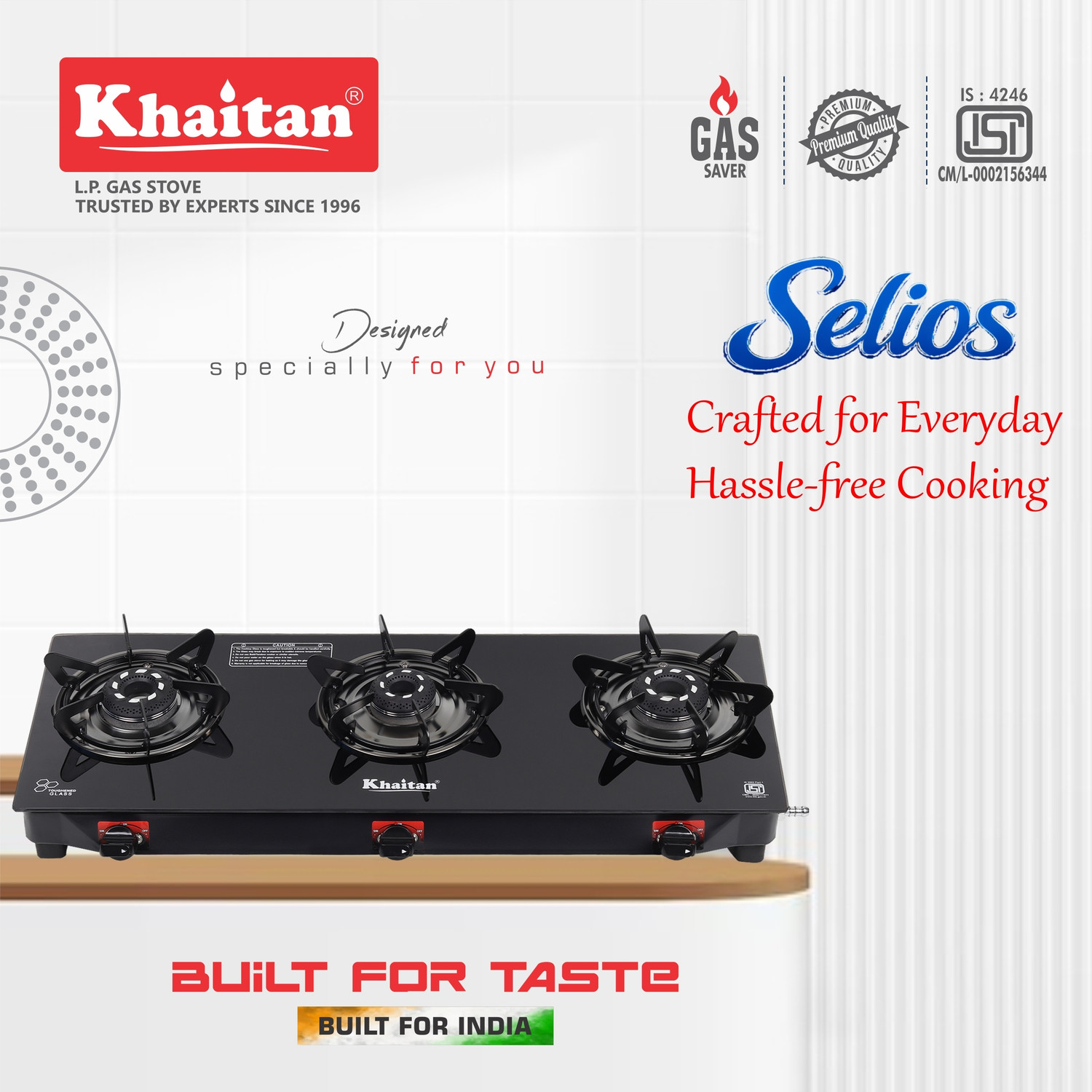 Image of Khaitan 3 Burner Selios Black Toughened Glass Manual Gas Stove