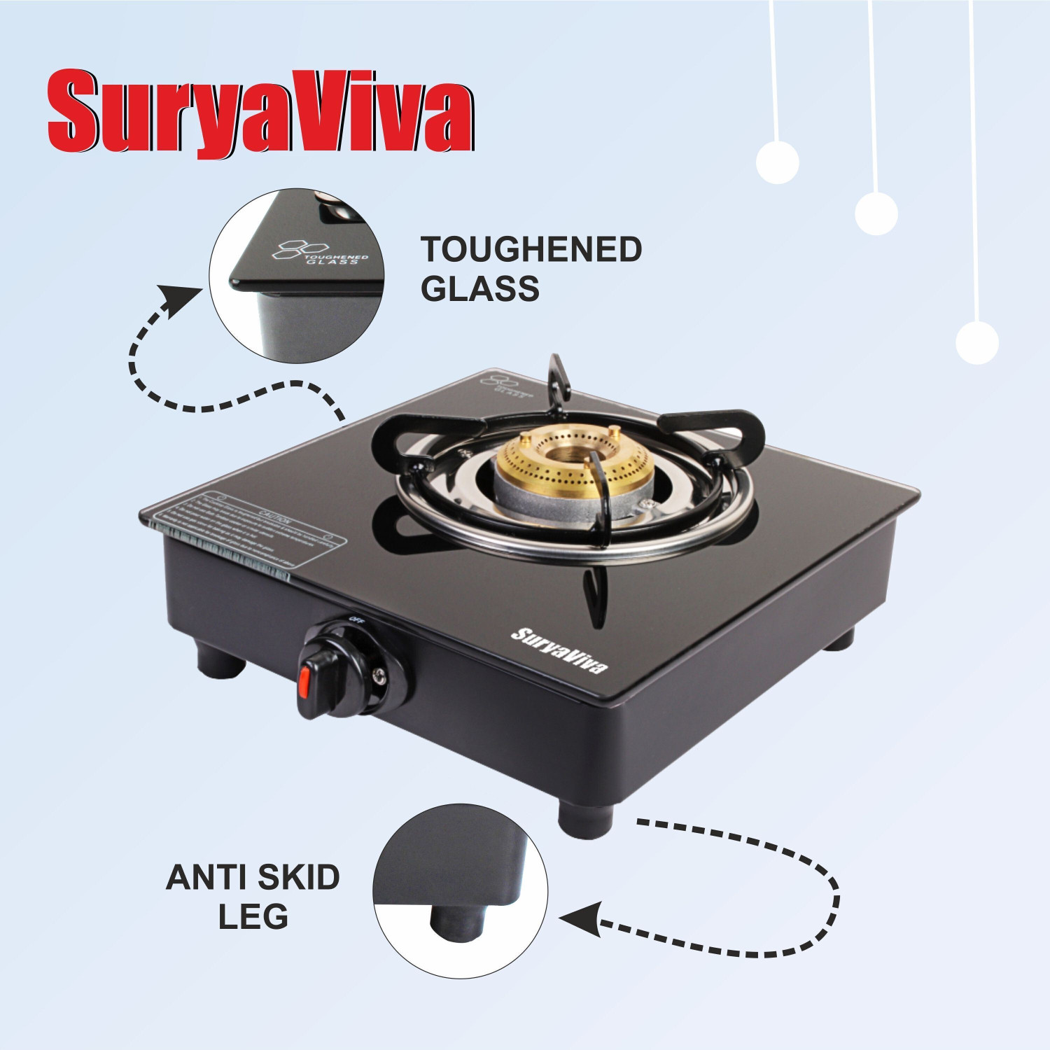 Image of SURYAVIVA Single Burner Photon {Lighter+ps ring)Bk Gas Stove(Manual,Black) Glass Manual Gas Stove