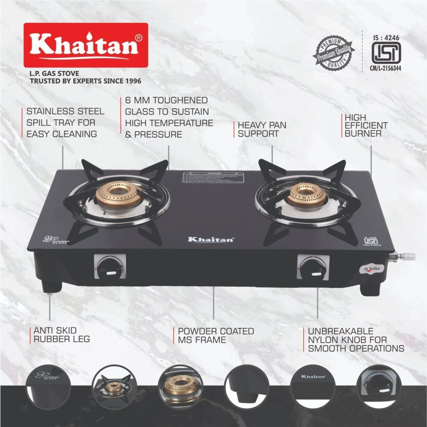 Image of Khaitan Combo 2 Burner BP-NANO MS Black (with IGNIS Electric Lighter) Toughened Glass Manual Gas Stove