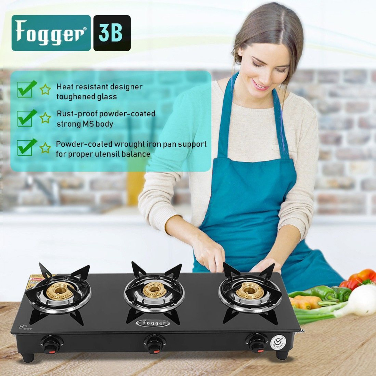 Image of Fogger Designer Black Stainless Steel, Glass Manual Gas Stove