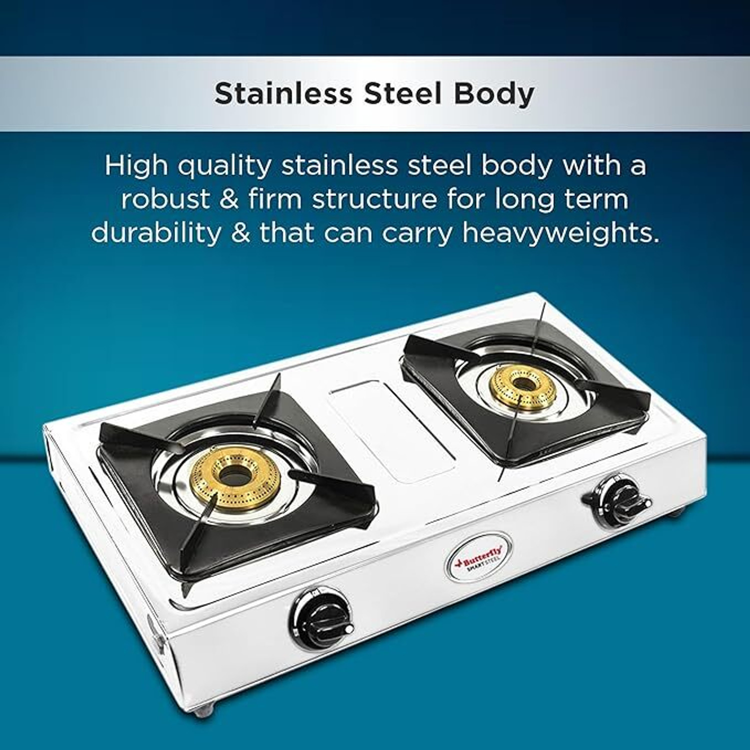 Image of Butterfly Smart 2 Burner Gas Stove | Manual Ignition | Brass Burners | Skid-proof Legs | Stainless Steel Manual Gas Stove