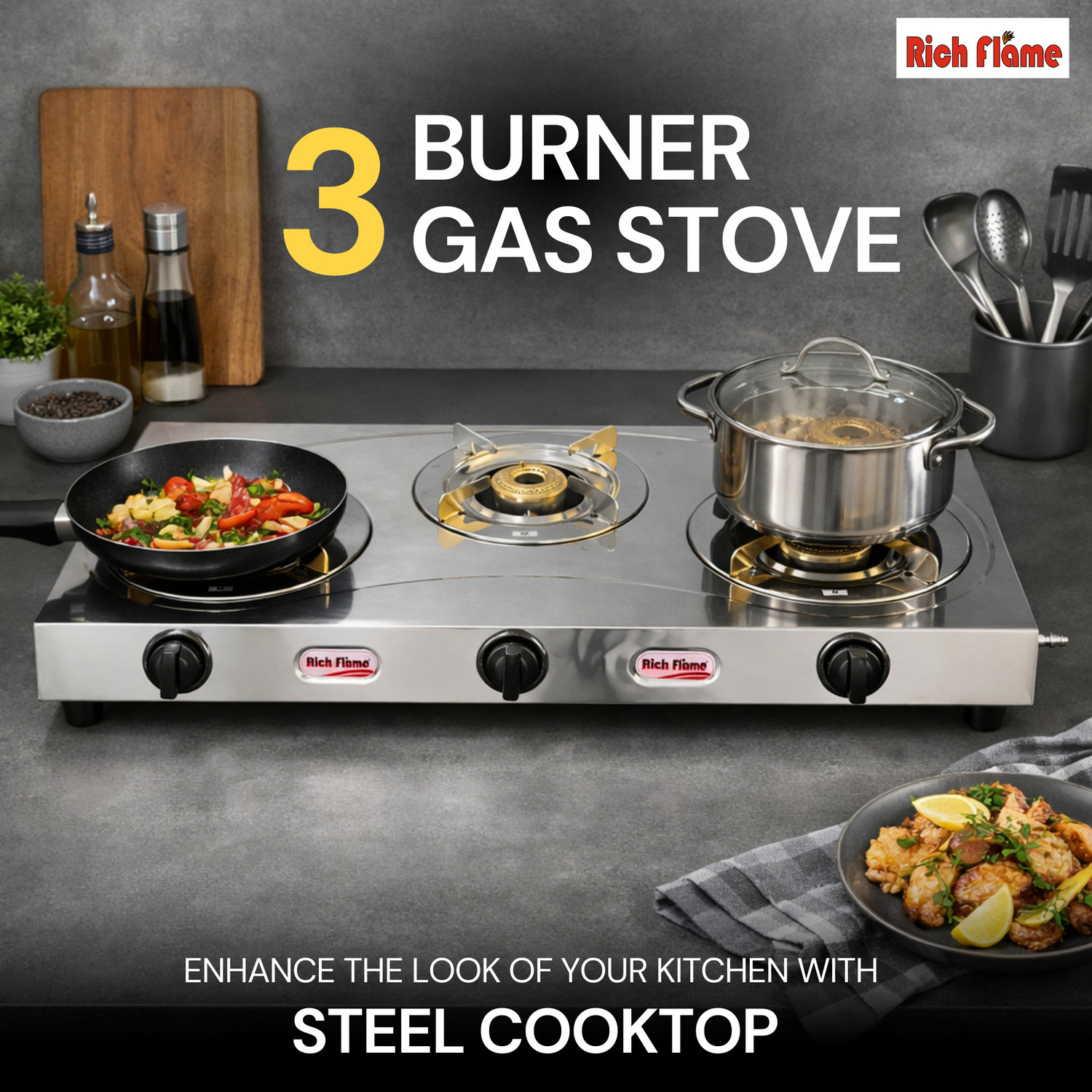 Image of Rich flame Gas Stove 3 Burner | Gas Chulha for Kitchen | Stainless Steel | ISI Certified | Stainless Steel Manual Gas Stove