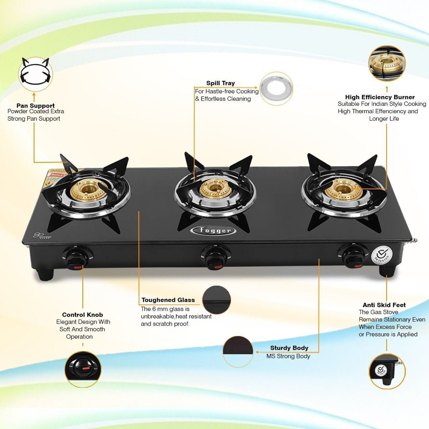 Image of Fogger Designer Black Stainless Steel, Glass Manual Gas Stove