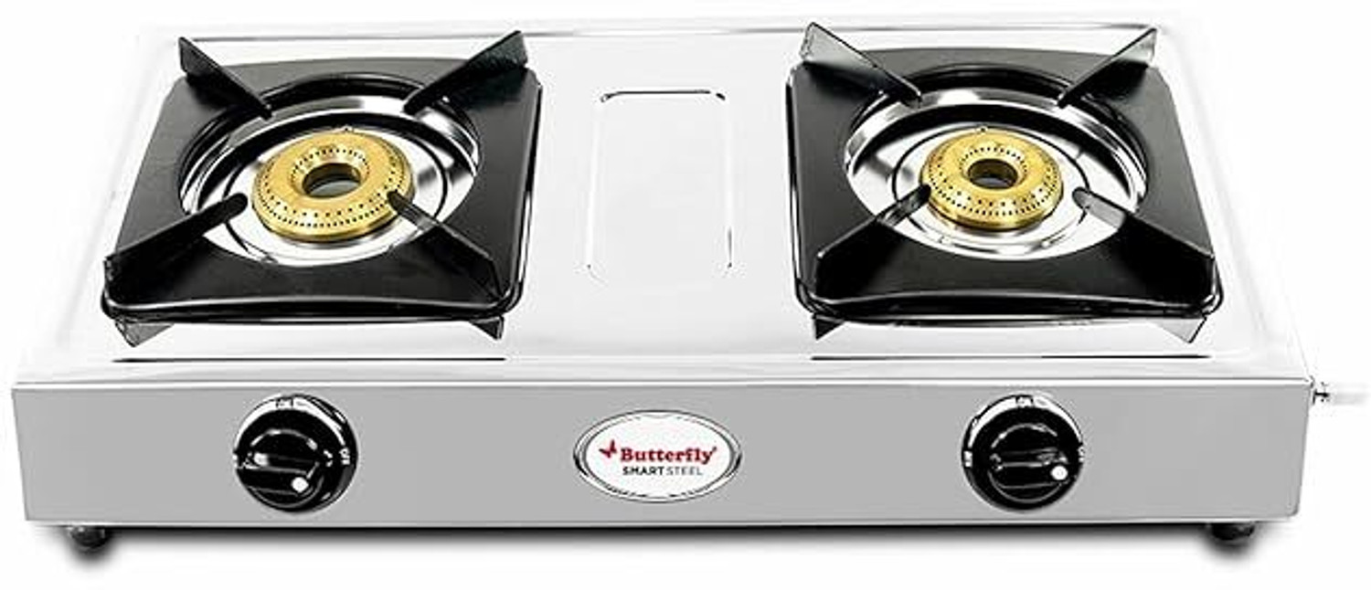 Image of Butterfly Smart 2 Burner Gas Stove | Manual Ignition | Brass Burners | Skid-proof Legs | Stainless Steel Manual Gas Stove