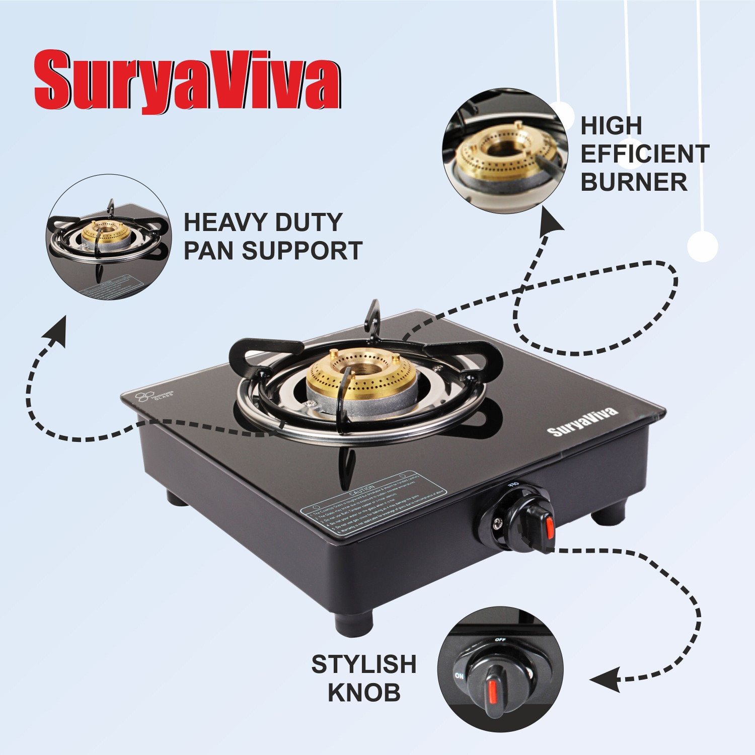 Image of SURYAVIVA Single Burner Photon {Lighter+ps ring)Bk Gas Stove(Manual,Black) Glass Manual Gas Stove
