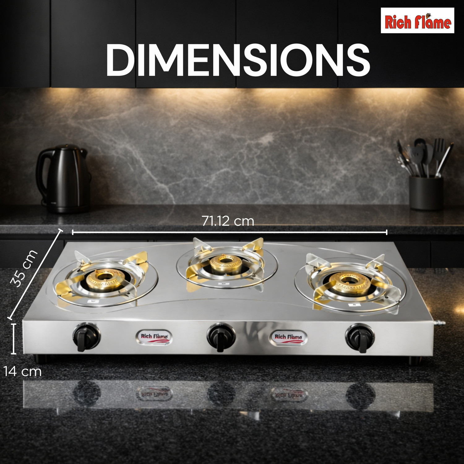 Image of Rich flame Gas Stove 3 Burner | Gas Chulha for Kitchen | Stainless Steel | ISI Certified | Stainless Steel Manual Gas Stove
