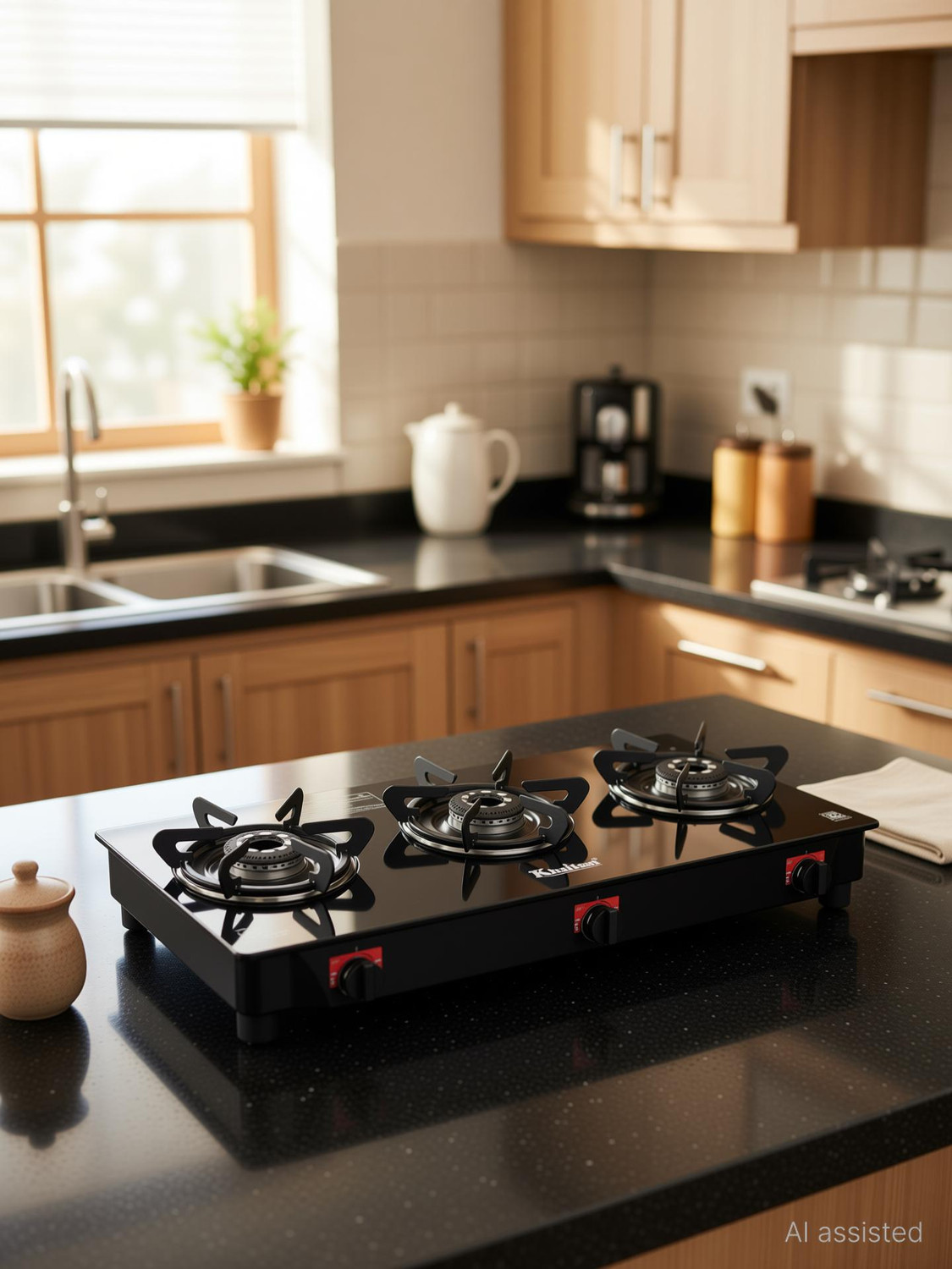 Image of Khaitan 3 Burner Selios Black Toughened Glass Manual Gas Stove