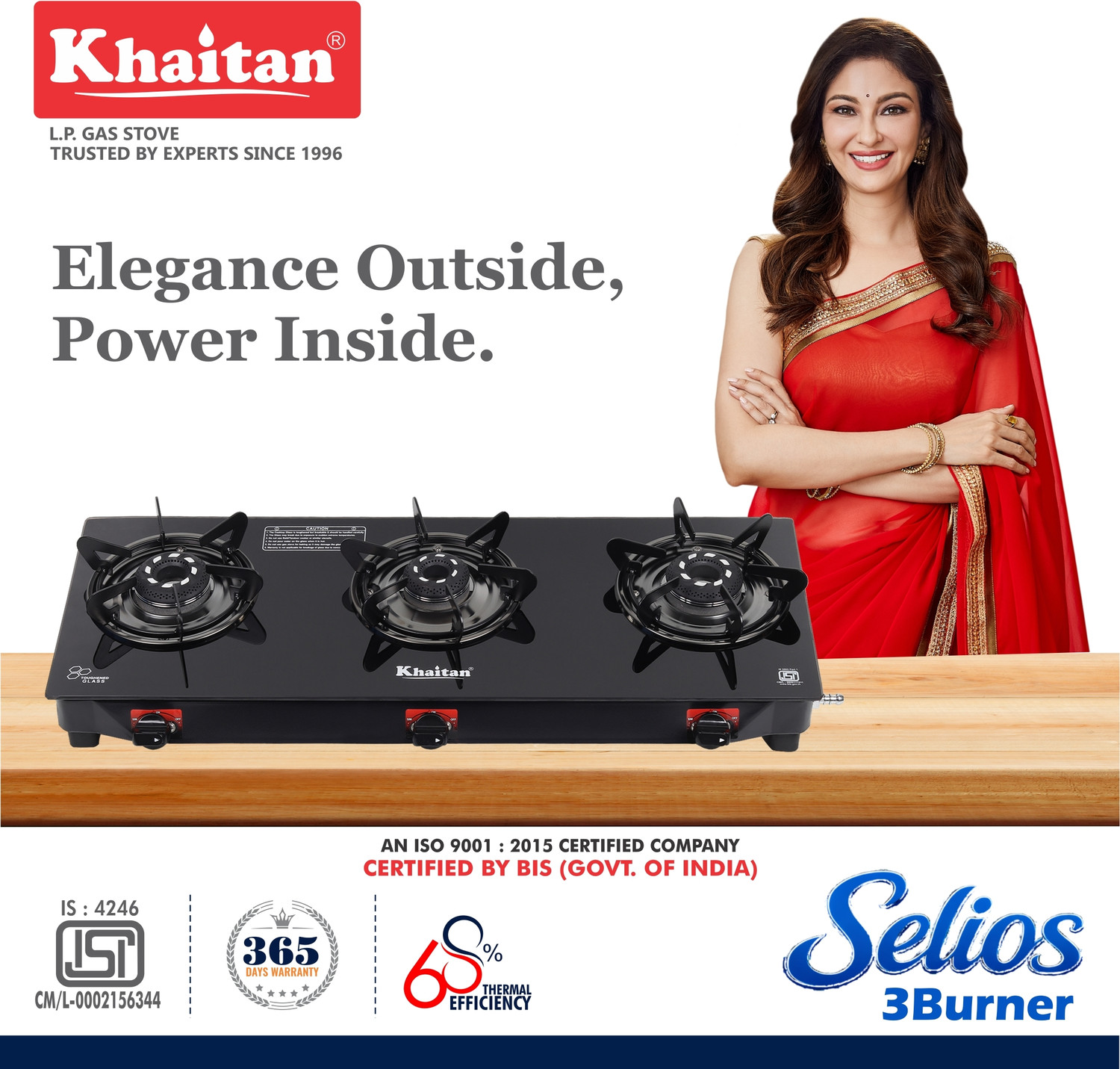Image of Khaitan 3 Burner Selios Black Toughened Glass Manual Gas Stove
