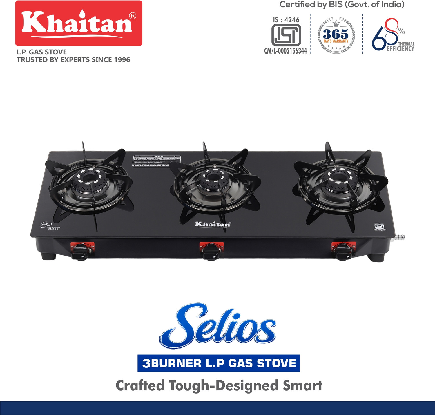Image of Khaitan 3 Burner Selios Black Toughened Glass Manual Gas Stove