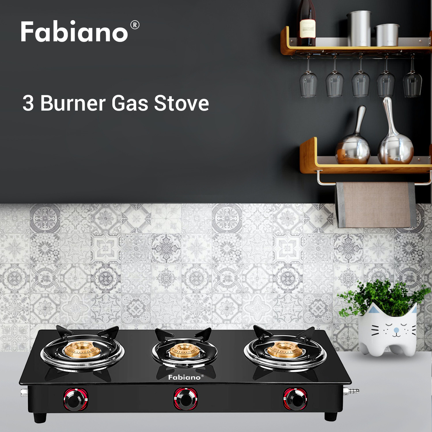 Image of Fabiano 3 Burner Slight ISI Certified LPG To PNG Convertible With Brass Burners Glass Manual Gas Stove