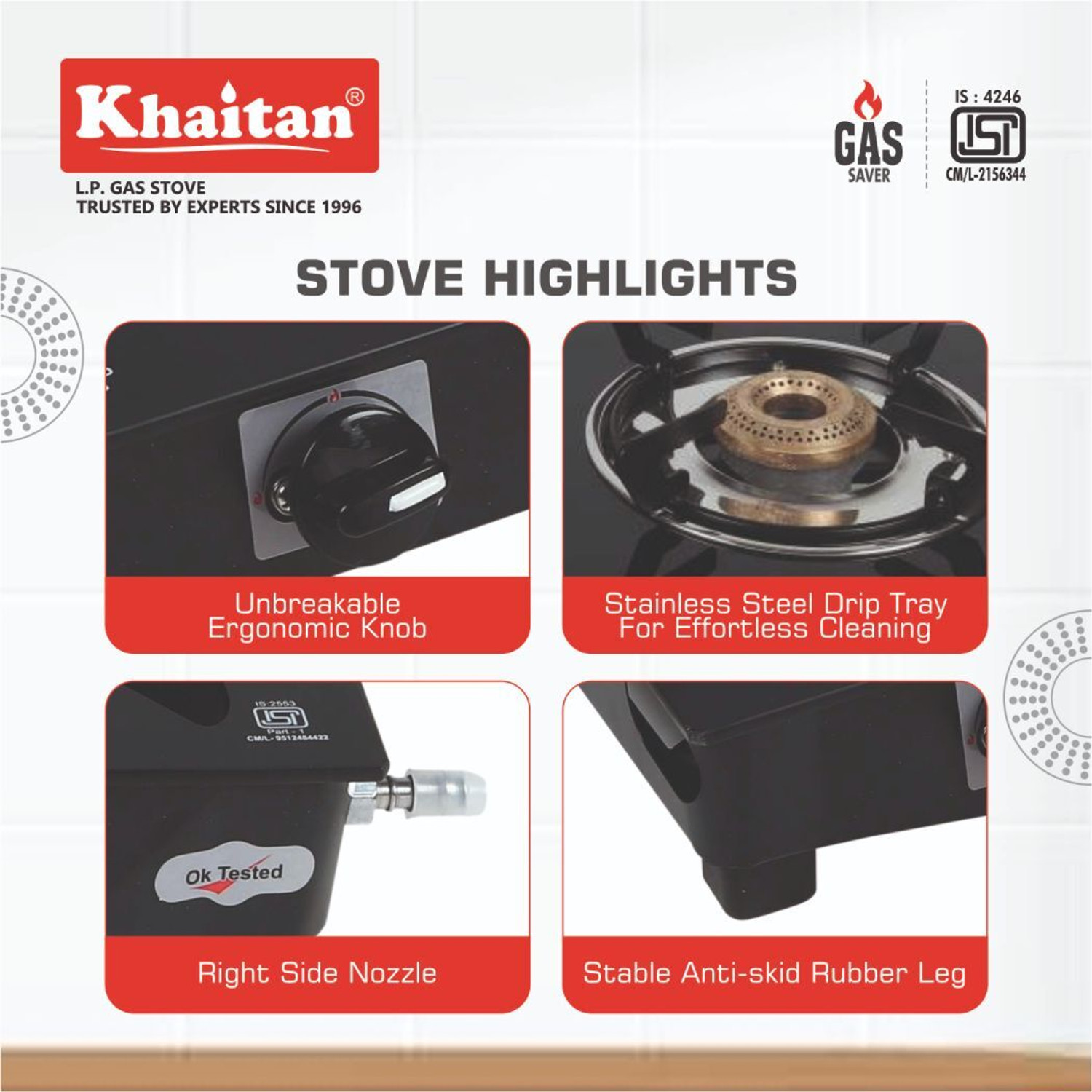 Image of Khaitan Combo 2 Burner BP-NANO MS Black (with IGNIS Electric Lighter) Toughened Glass Manual Gas Stove