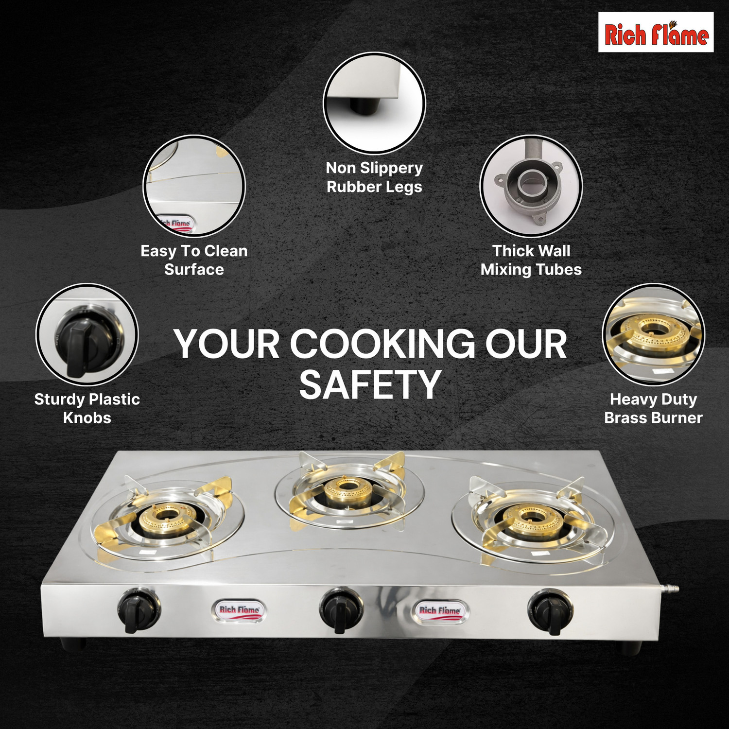 Image of Rich flame Gas Stove 3 Burner | Gas Chulha for Kitchen | Stainless Steel | ISI Certified | Stainless Steel Manual Gas Stove
