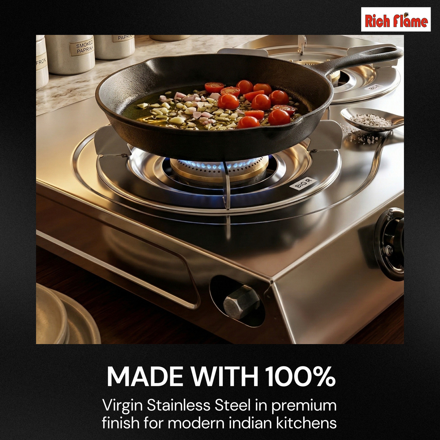 Image of Rich flame Gas Stove 3 Burner | Gas Chulha for Kitchen | Stainless Steel | ISI Certified | Stainless Steel Manual Gas Stove