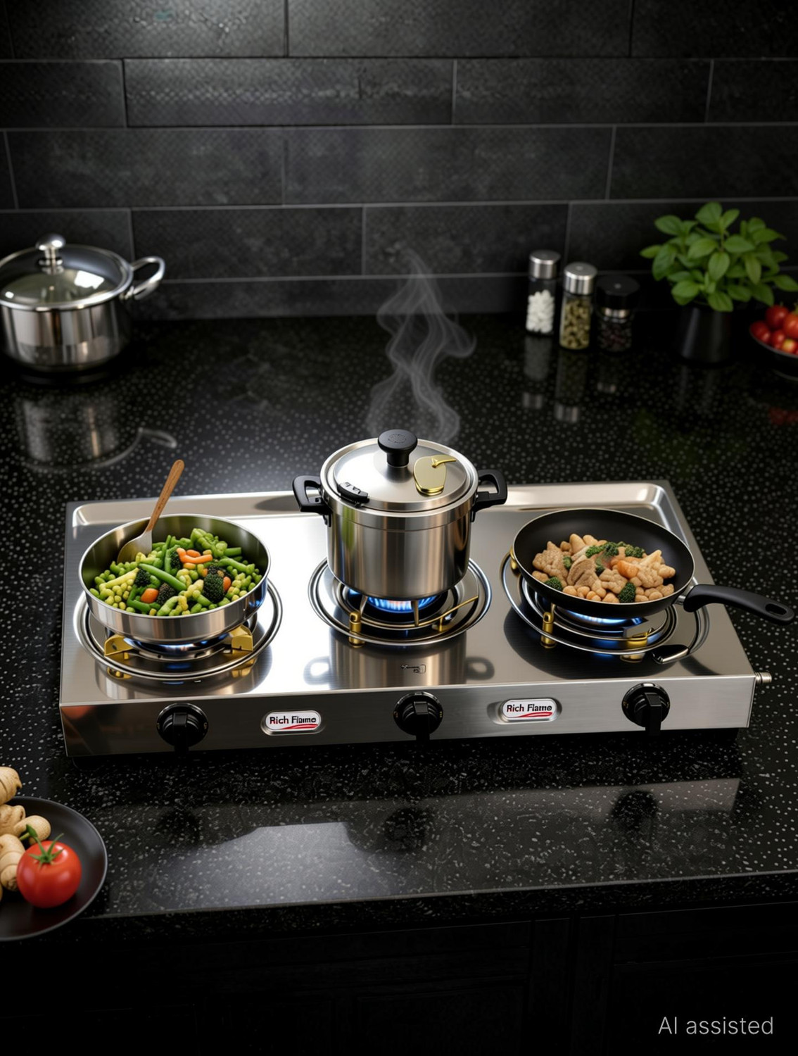Image of Rich flame Gas Stove 3 Burner | Gas Chulha for Kitchen | Stainless Steel | ISI Certified | Stainless Steel Manual Gas Stove