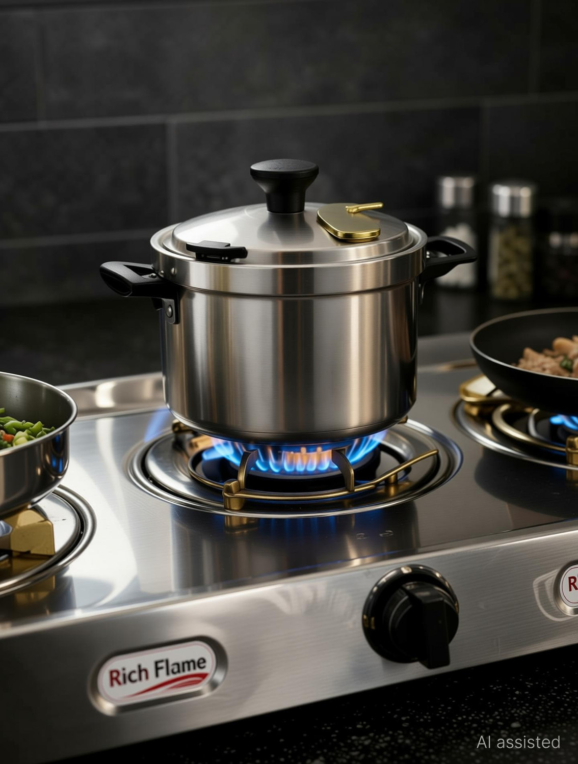 Image of Rich flame Gas Stove 3 Burner | Gas Chulha for Kitchen | Stainless Steel | ISI Certified | Stainless Steel Manual Gas Stove