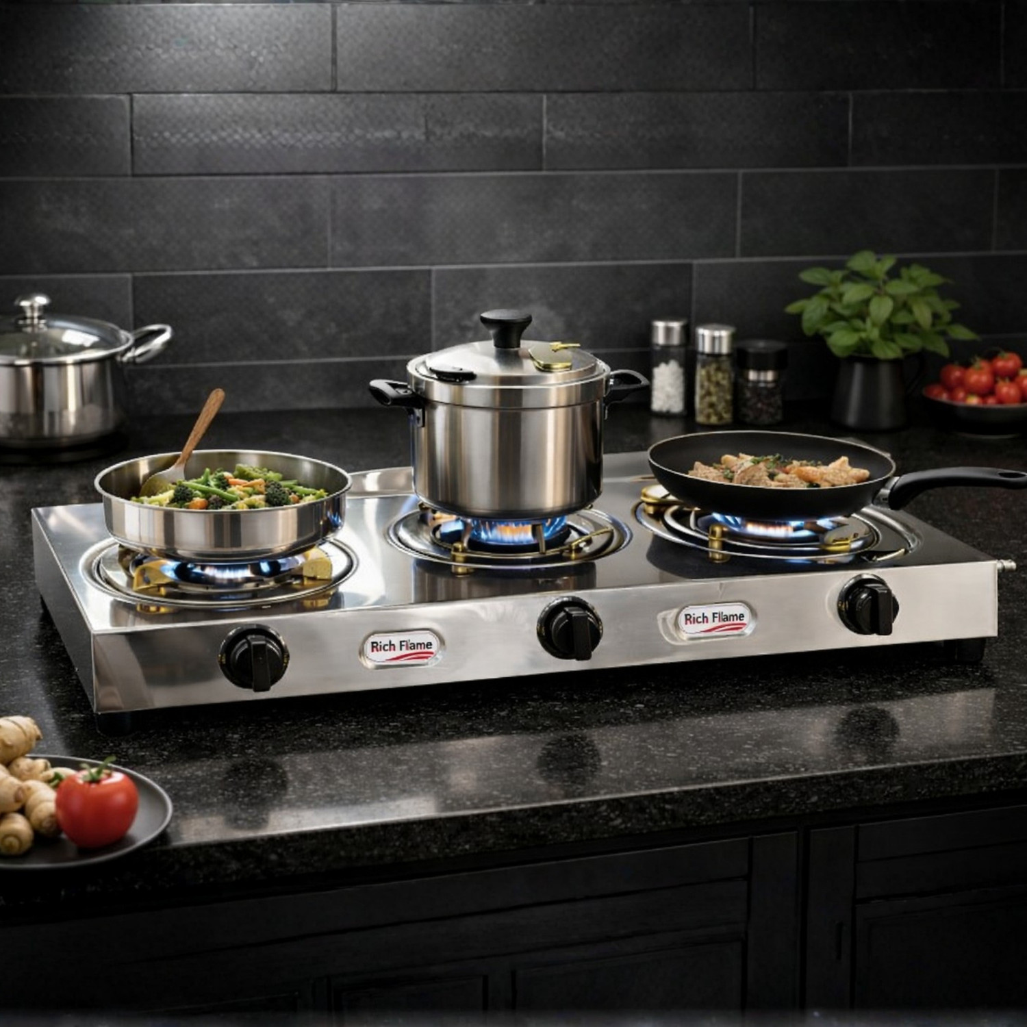 Image of Rich flame Gas Stove 3 Burner | Gas Chulha for Kitchen | Stainless Steel | ISI Certified | Stainless Steel Manual Gas Stove