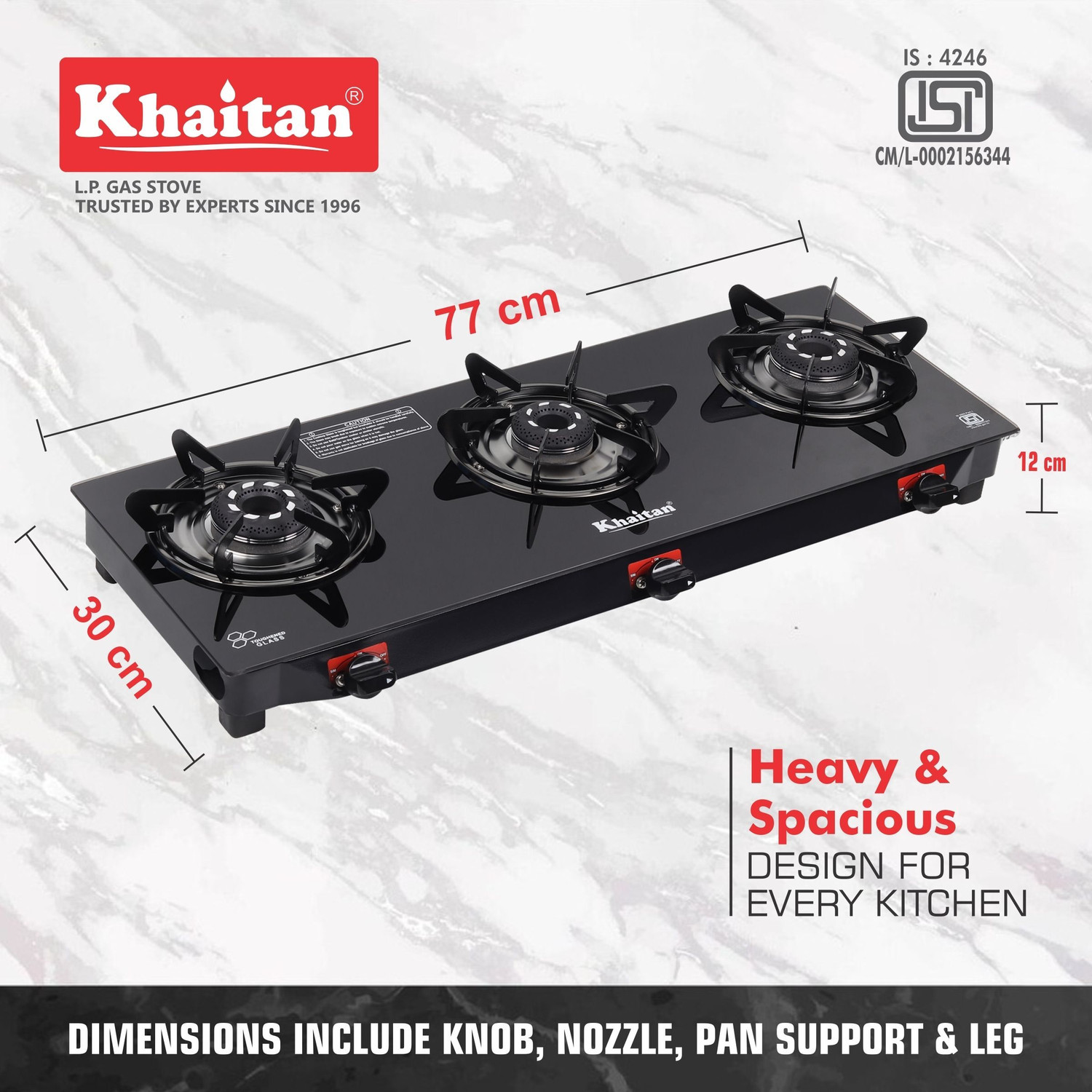 Image of Khaitan 3 Burner Selios Black Toughened Glass Manual Gas Stove
