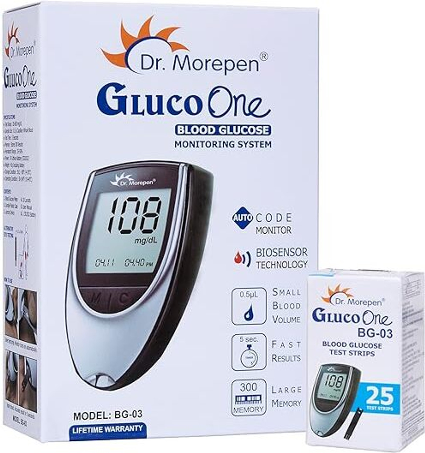 Image of Dr. Morepen GlucoOne Blood Glucose Monitor Model BG 03 with 25 Strips Glucometer (White, gray)