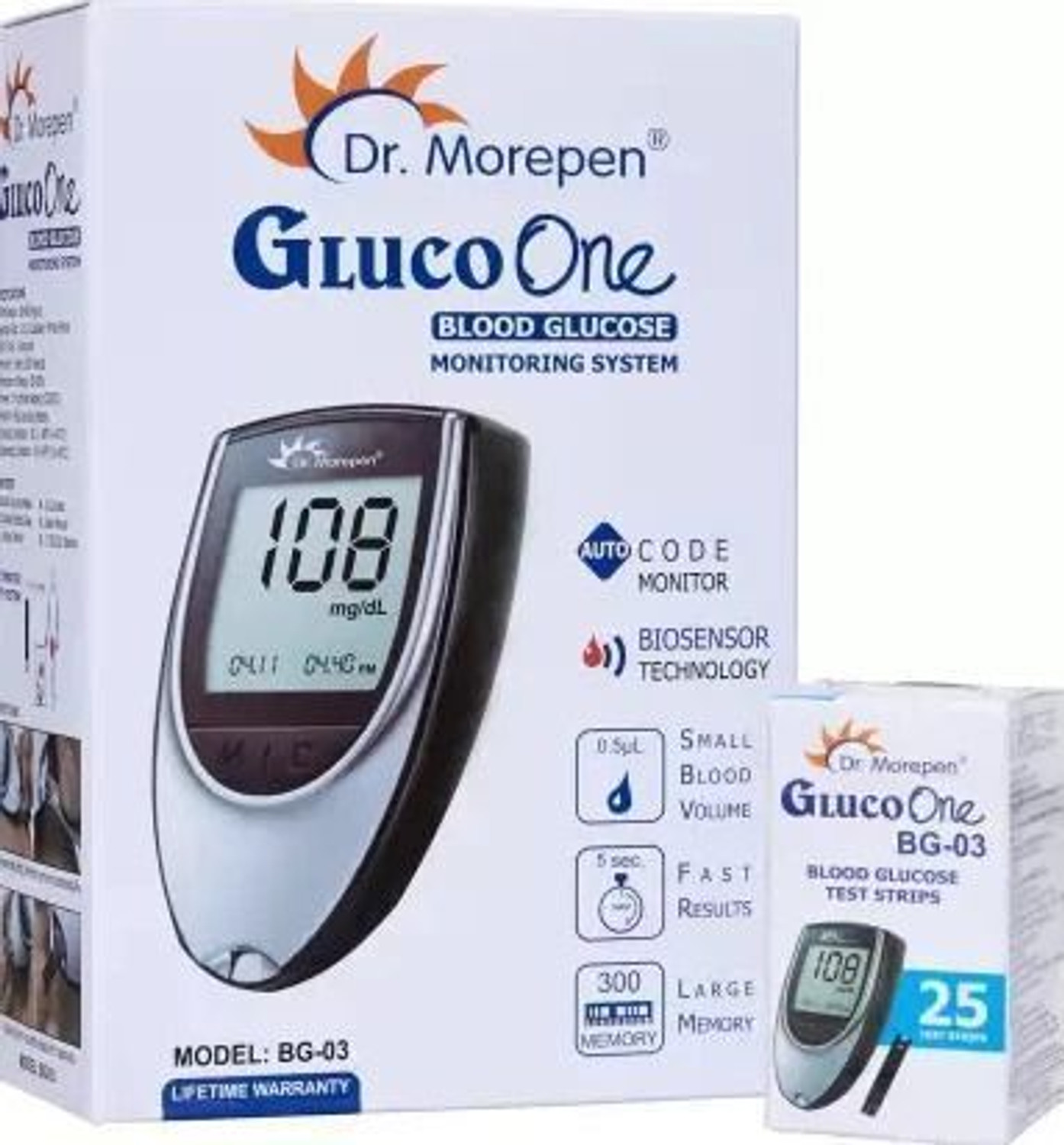 Image of Dr. Morepen BG-03 Gluco One Glucometer Combo, 25 Strips Glucometer
