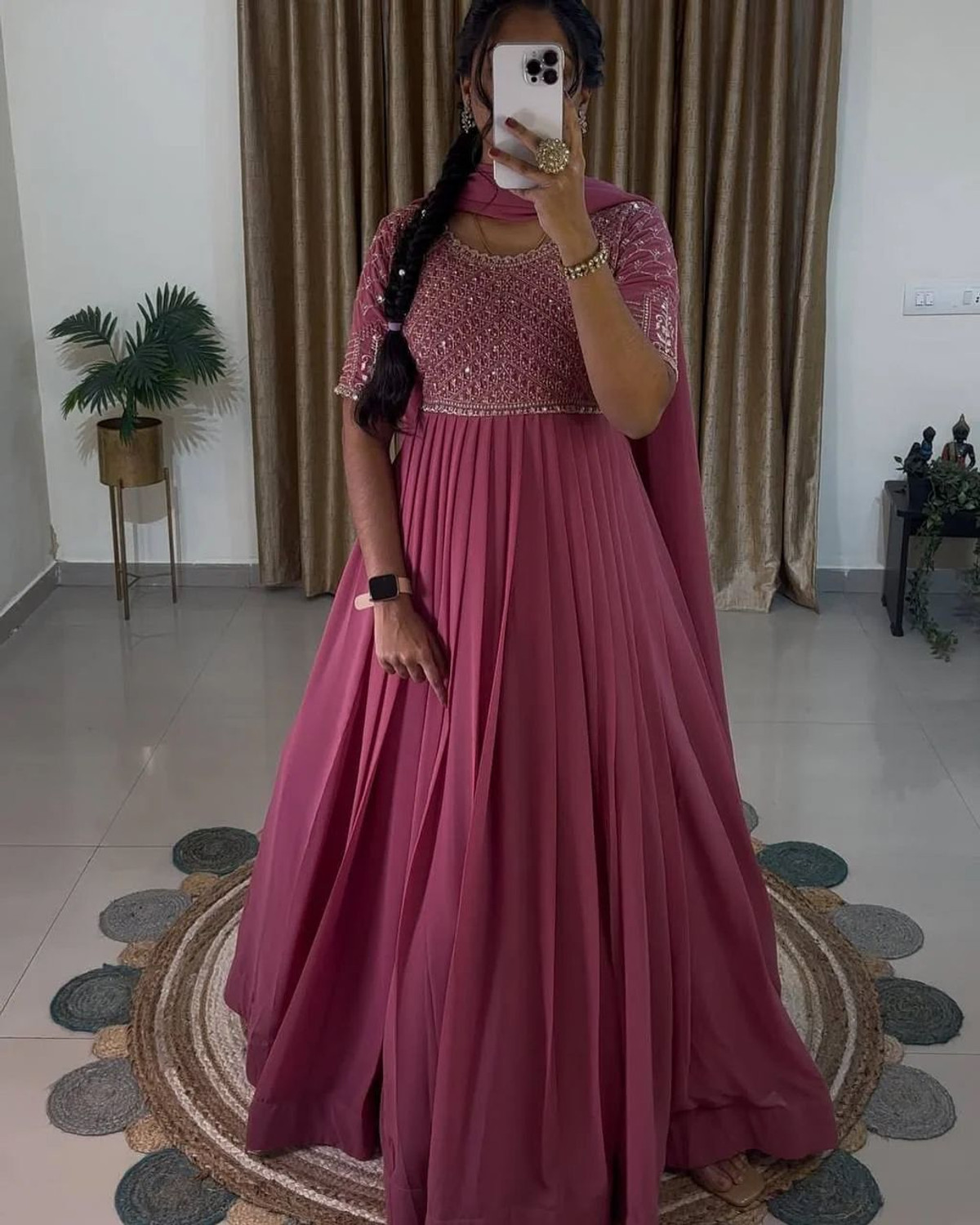 Image of ANZU Embroidered, Embellished Georgette Stitched Anarkali Gown (Pink)