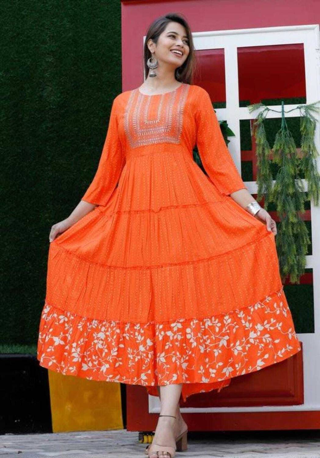 HEER SEER Women Embroidered Viscose Rayon Anarkali Kurta (Orange)