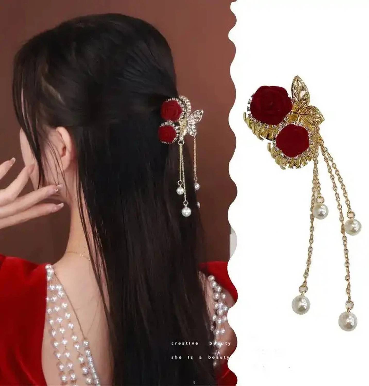 house of common Red Rose Stylish Pearl Metal Hair Clutcher Clips for Women Hair Claw Hair Claw