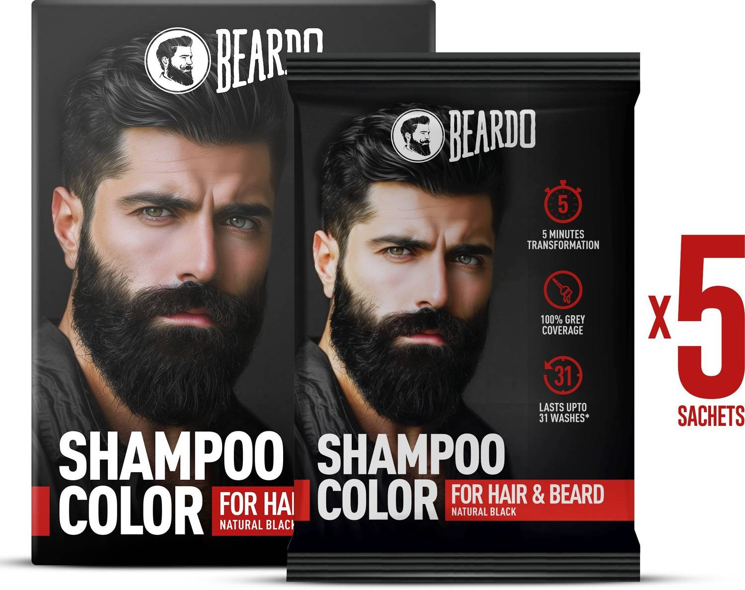 BEARDO Shampoo Color for Hair & Beard For Men No Ammonia Easy to apply 20ml x 5 , Natural Black