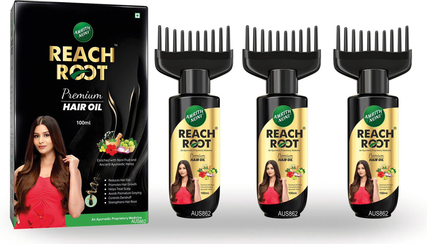 Image of AMRITH NONI Reach Root Premium Hair Oil 100ML - (Pack of 3*100ml) Hair Oil