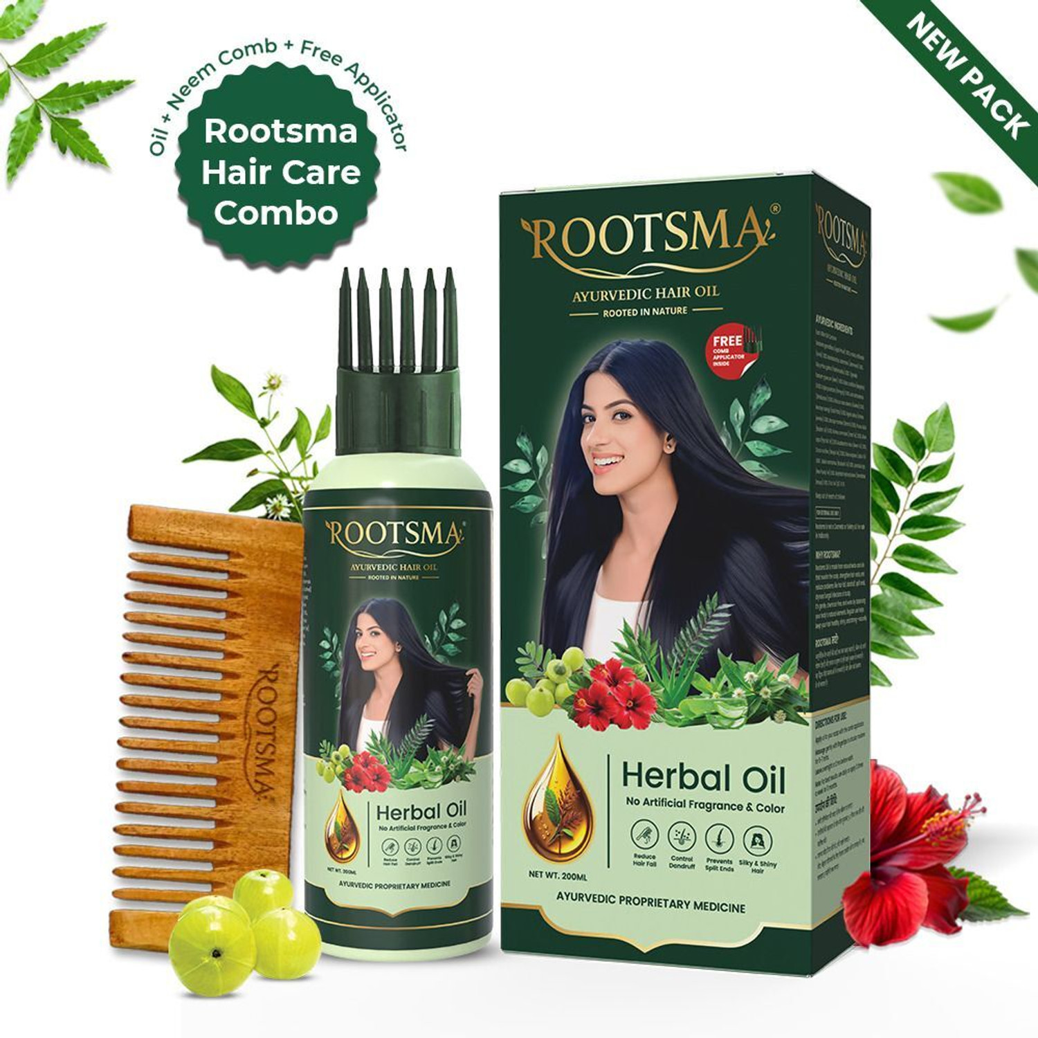 Image of Rootsma Advanced Herbal Hair Fall Control & Growth Combo-Oil + Neem Comb