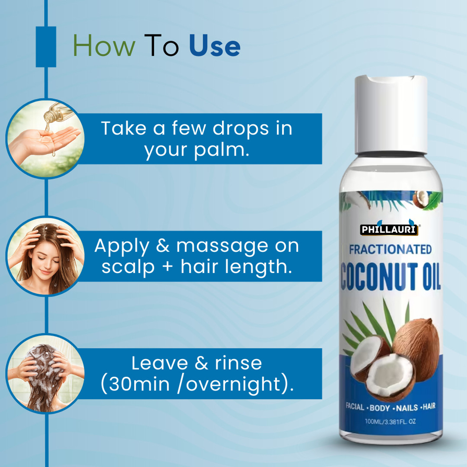 Image of Phillauri Fractionated Coconut Oil for Daily Skin & Hair Care | Non-Greasy Formula Hair Oil