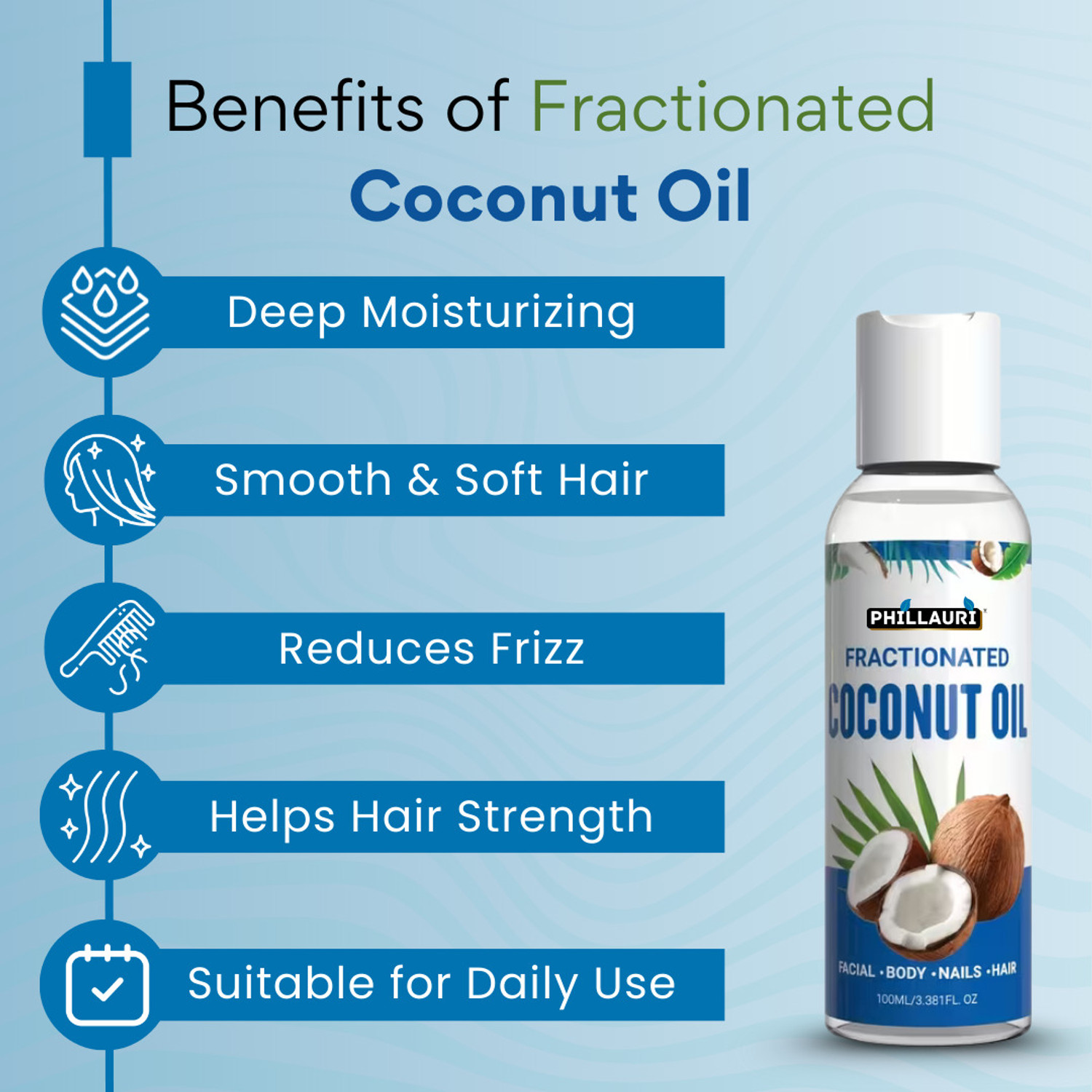 Image of Phillauri Fractionated Coconut Oil for Daily Skin & Hair Care | Non-Greasy Formula Hair Oil