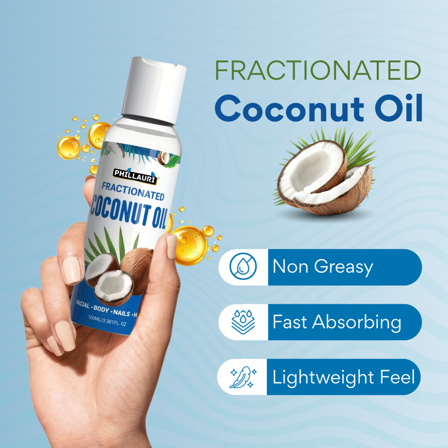 Image of Phillauri Fractionated Coconut Oil for Daily Skin & Hair Care | Non-Greasy Formula Hair Oil