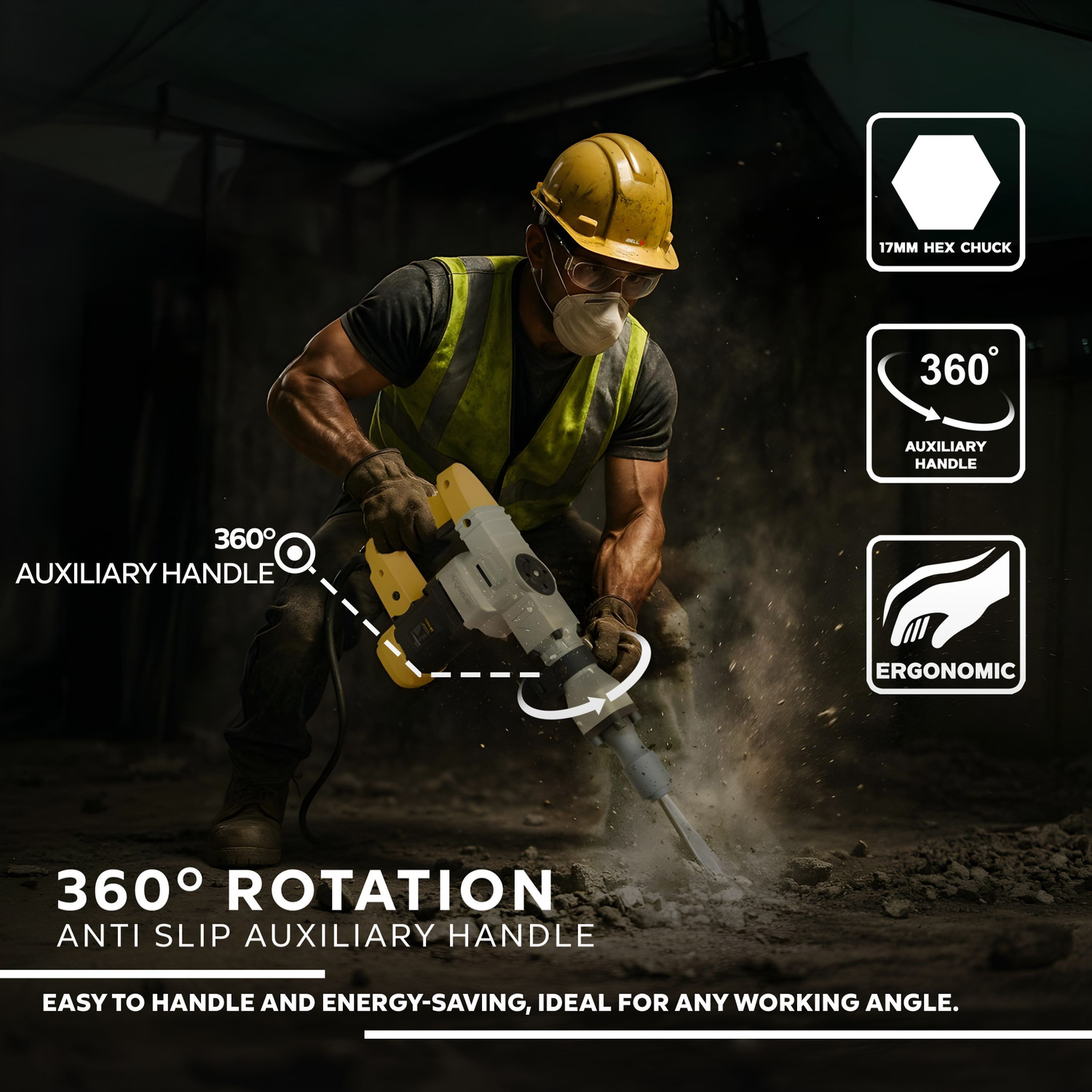 Image of iBELL VR DH10-78 Demolition Hammer - 6Kg, 1150W Copper Armature Motor, 17mm HEX Chuck, 10J Impact Energy,4100 BPM,Heavy Duty Concrete & Masonry Breaker Hammer Drill
