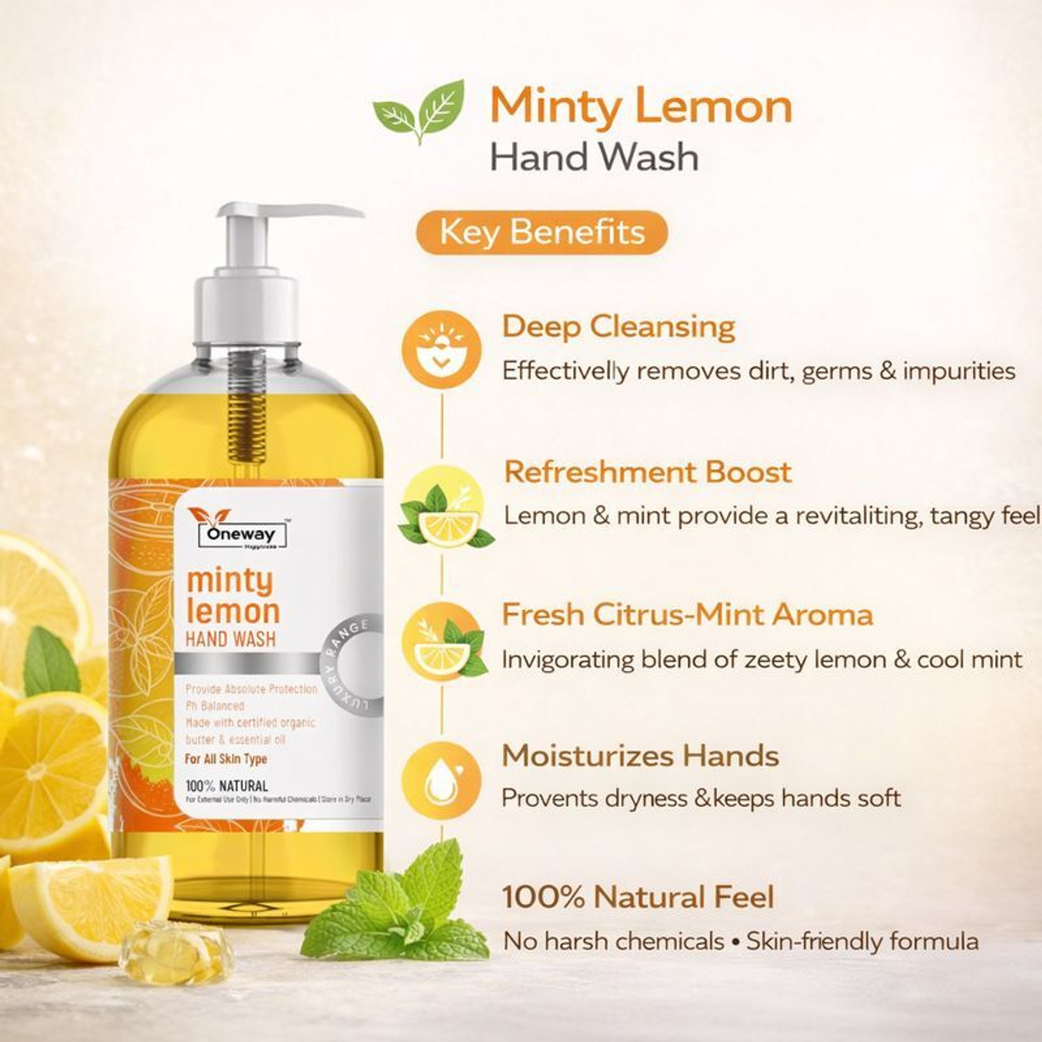 Image of Oneway Happiness Minty Lemon Herbal Lemon Hand wash Hand Wash Bottle + Refill