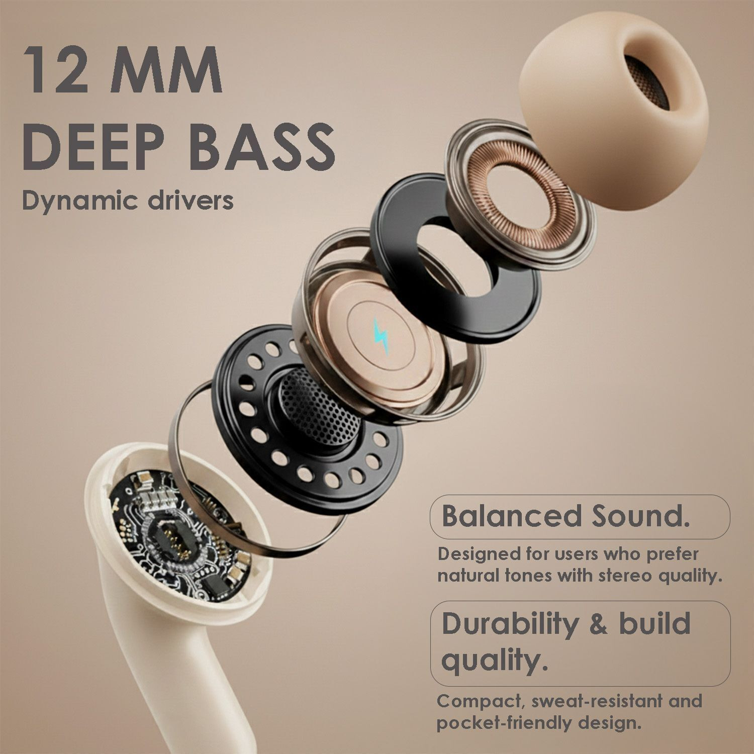 Image of inear Juke Buds T-5 True Wireless Bluetooth Earbuds Type-C Insta-Charge, 40H Playtime Bluetooth Headset (Cream, In the Ear)