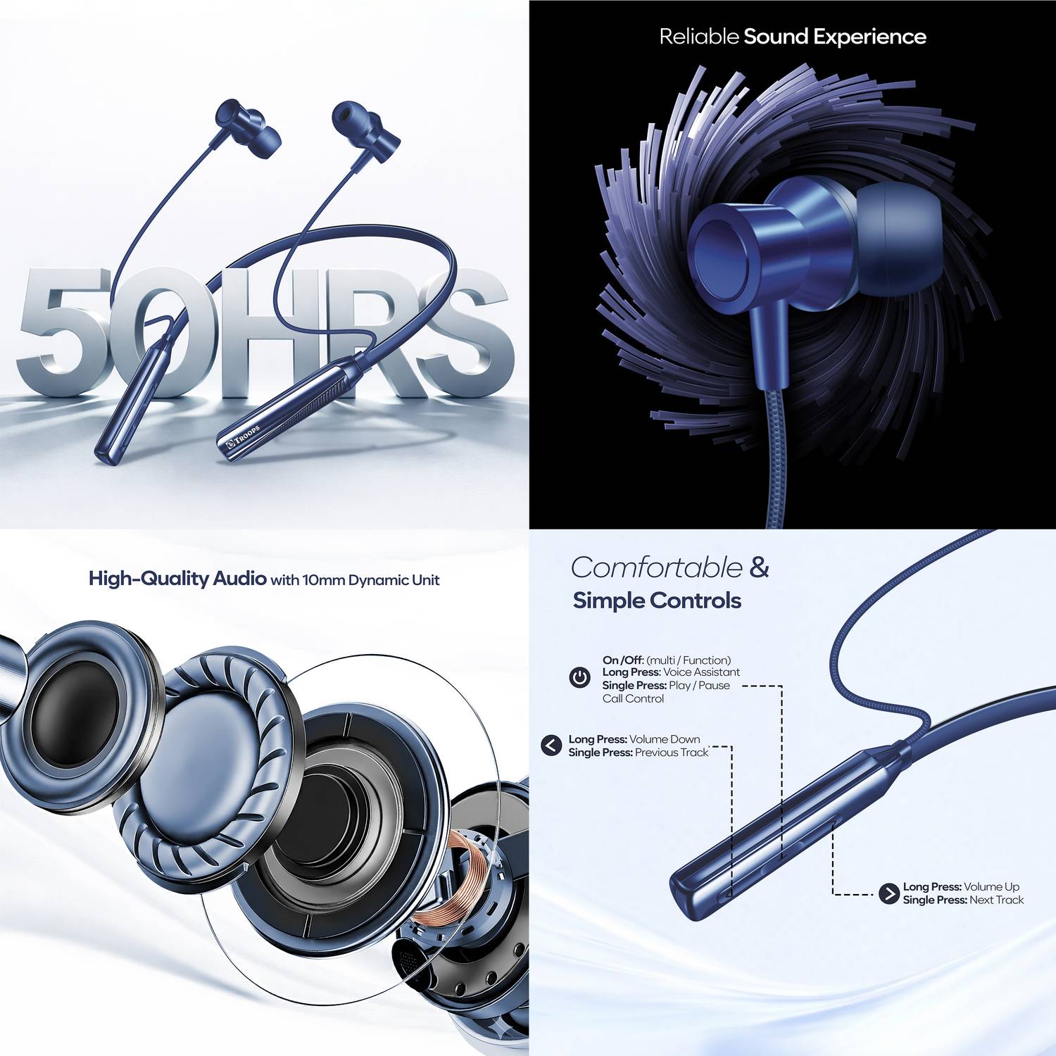 TP TROOPS Wireless Neckband Bluetooth v5.3 with 50H Playtime, 10mm Driver, Voice Assistant Bluetooth Headset - Image 4
