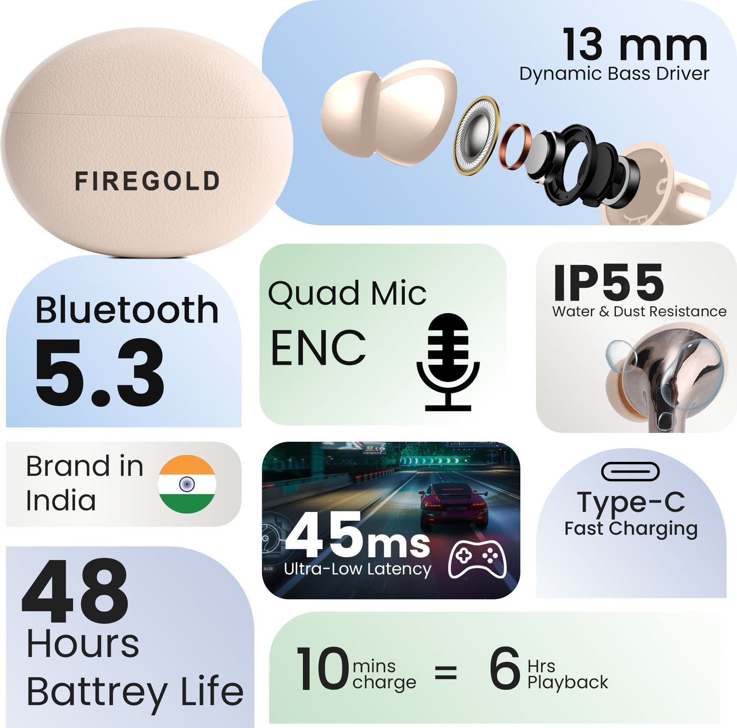 Image of FIREGOLD New Earbuds Pro 3 ENC, Hd Sound & Bass with 48Hrs Battery Backup Bluetooth