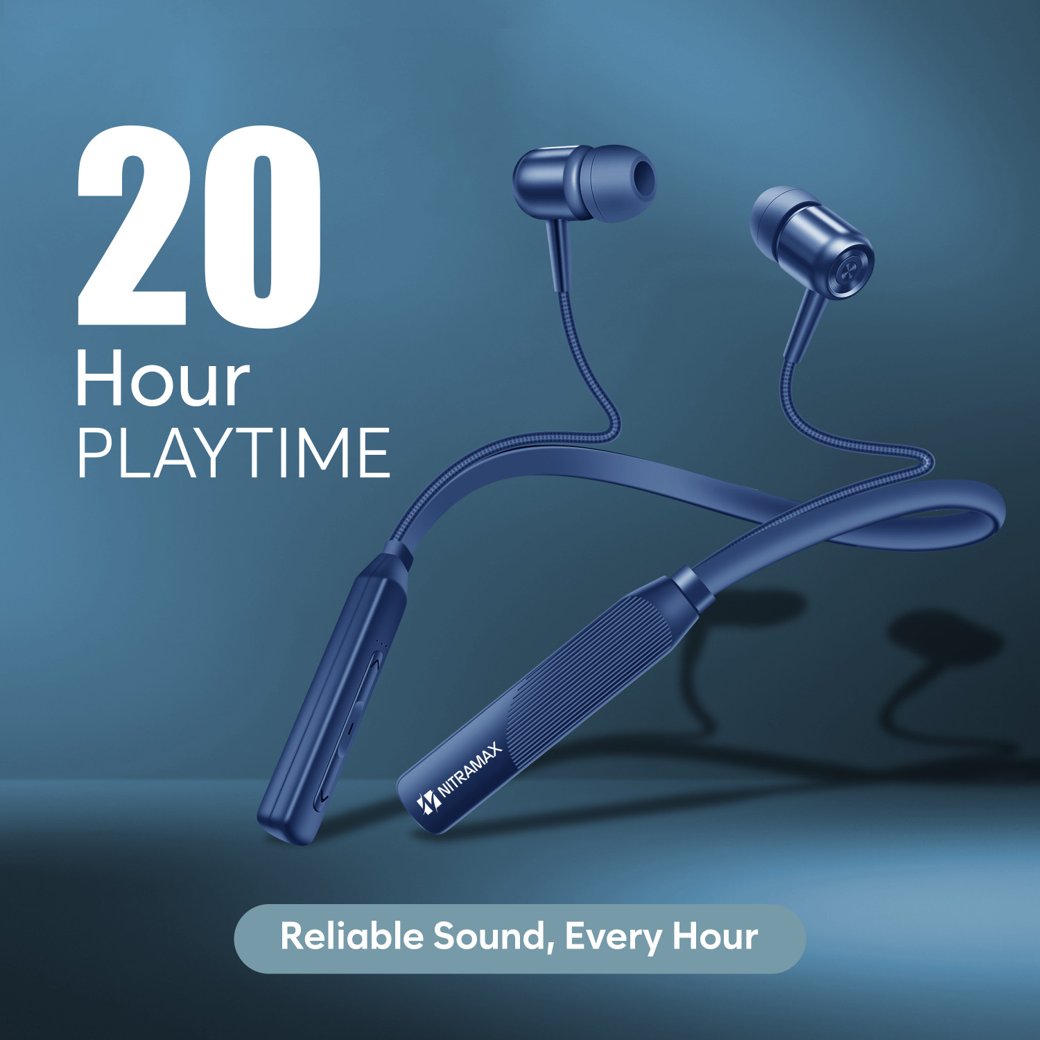 Image of NITRAMAX Bluetooth Neckband Earphones, Blue, 20 Hour Playtime,Bluetooth 5.4 V Bluetooth