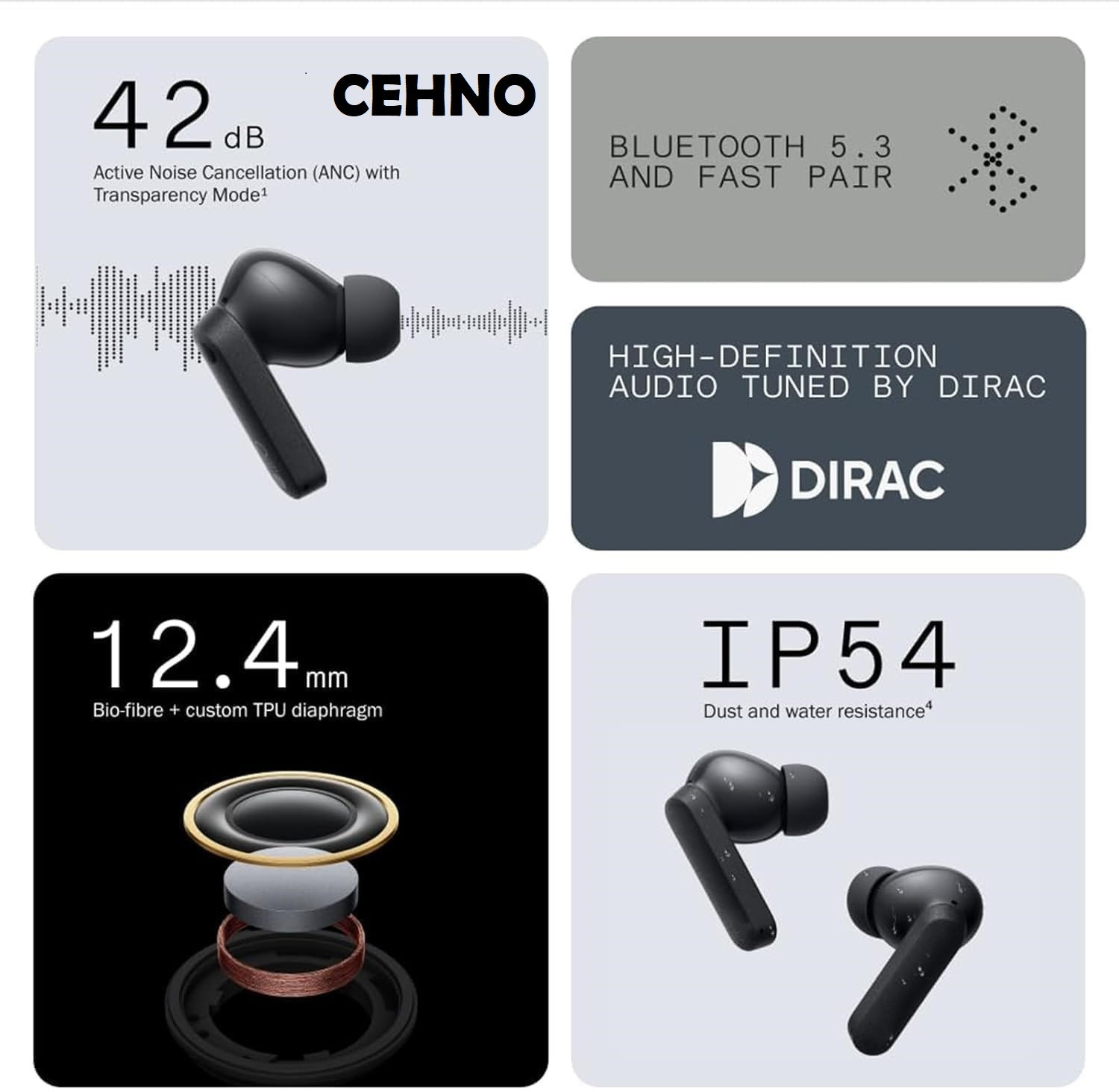 Image of CEHNO wireless Buds A4 42 dB ANC, 12.4mm Driver, Dirac-tuned, Ultra Bass Bluetooth Headset