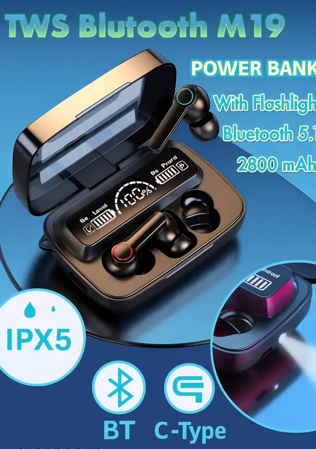 Image of BAKKERS M19 EarbudsTWS / JJ1.8Earbuds with 280H Playtime, Headphones with Power Bank Bluetooth Gaming