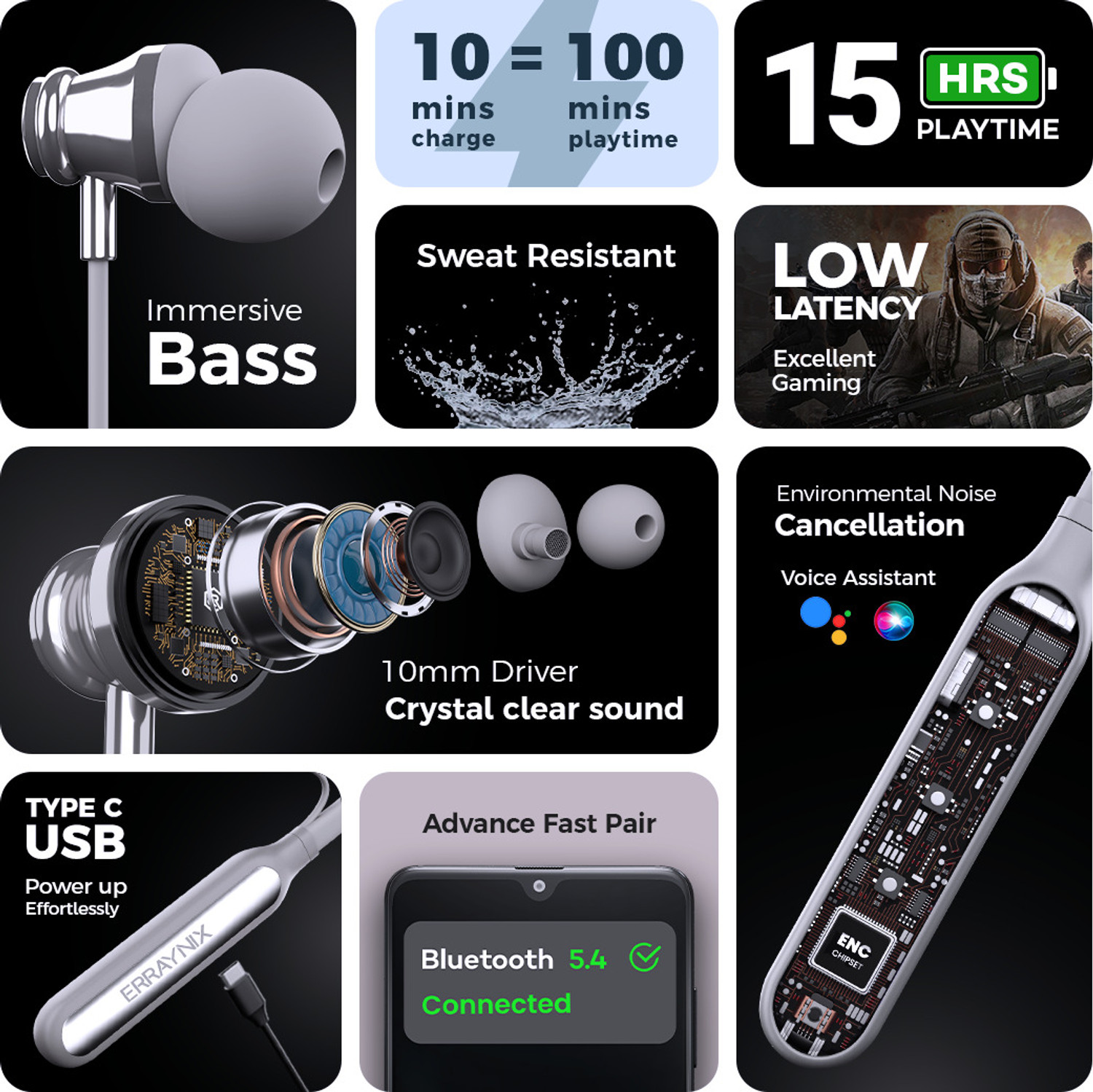 Image of ERRAYNIX WAVES909 15Hr Playtime Bluetooth Neckband, Type C ENC Hi-Bass Headphones Bluetooth