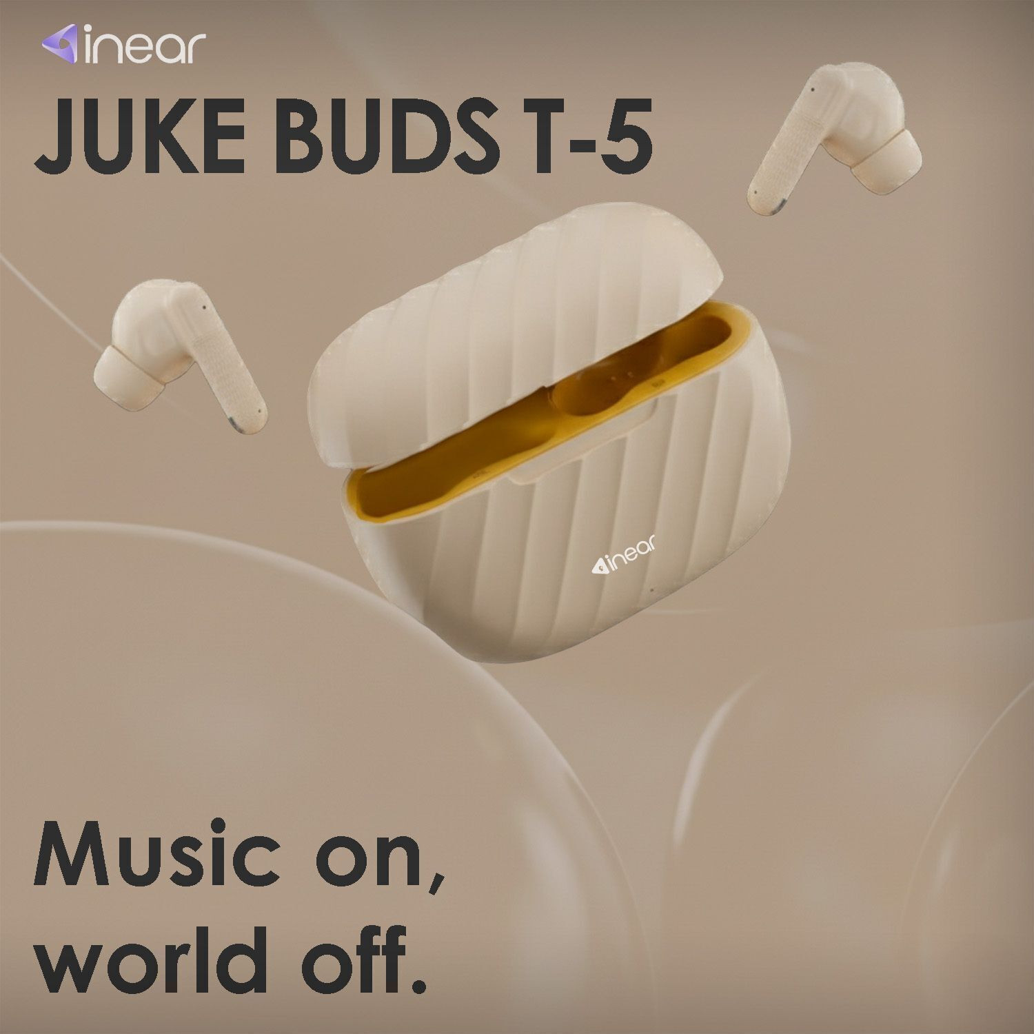 Image of inear Juke Buds T-5 True Wireless Bluetooth Earbuds Type-C Insta-Charge, 40H Playtime Bluetooth Headset (Cream, In the Ear)