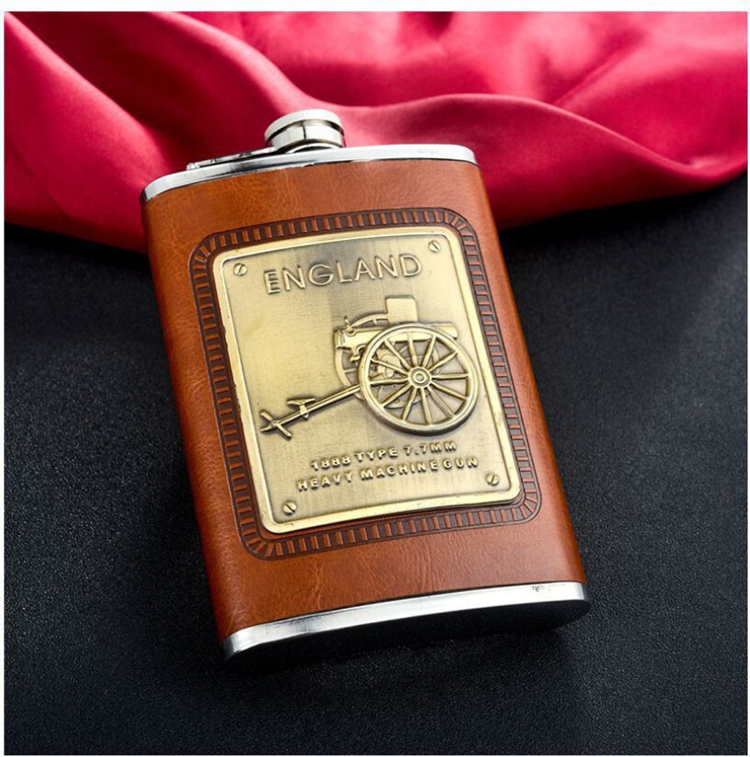 Image of Protos England Stainless Steel Hip Stitched Leather Stainless Steel Hip Flask
