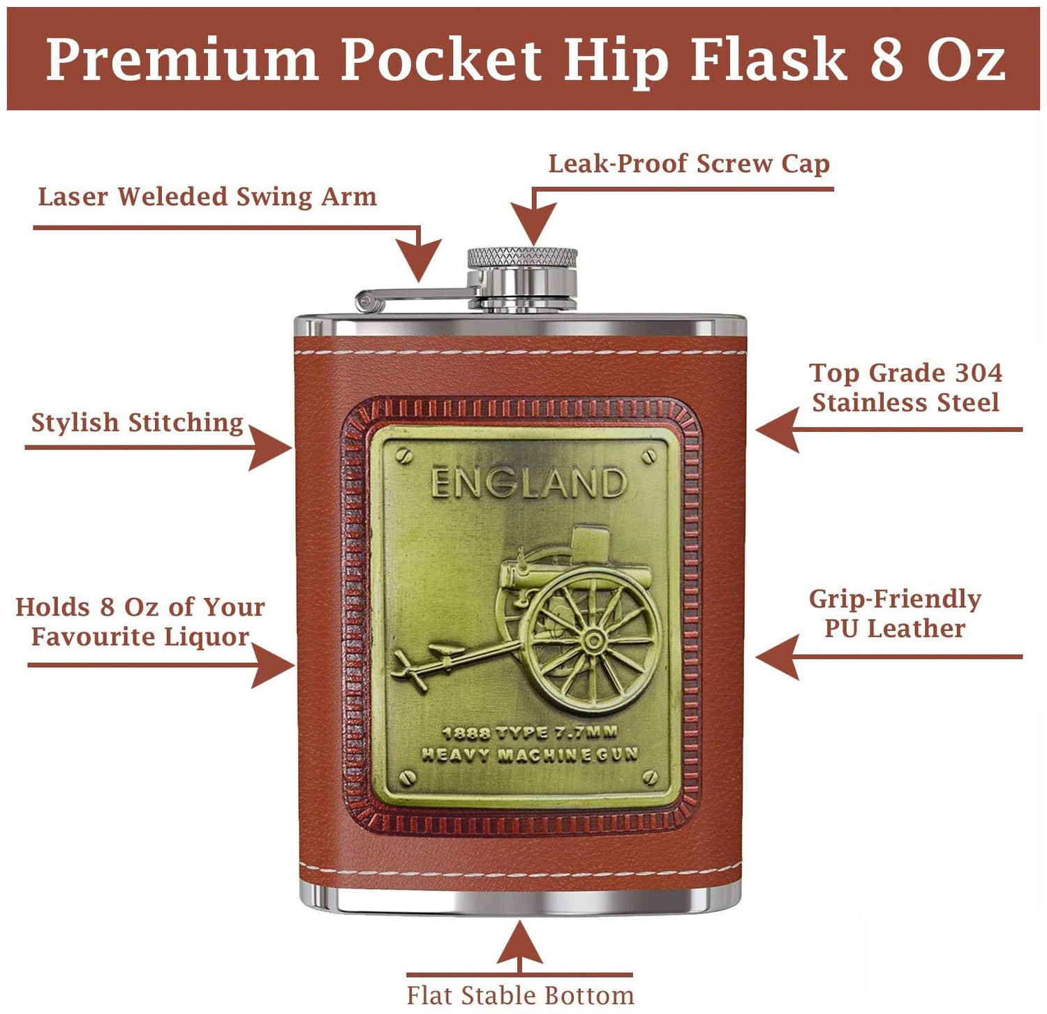 Image of Protos England Stainless Steel Hip Stitched Leather Stainless Steel Hip Flask