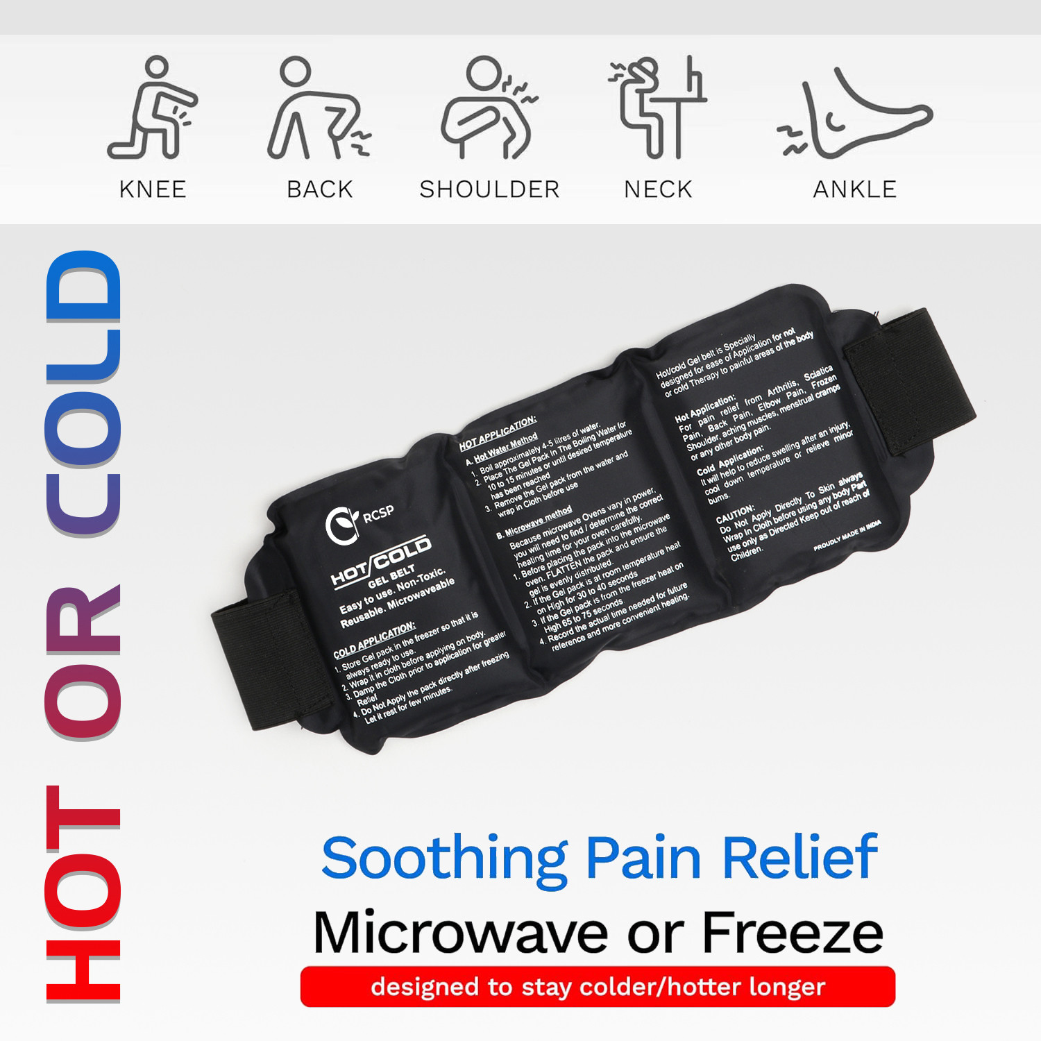 Image of RCSP Reusable Hot & Cold Gel Pack with Adjustable Straps for Pain Relief | Ice & Heat Therapy for Back, Knee, Shoulder neck, sports injuries | Leak Proof Pack