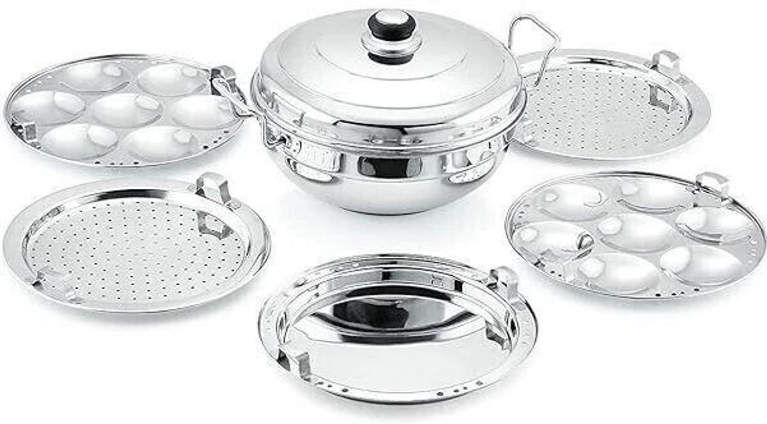 Image of MITHALI Stainless Steel Multi Kadai with 2 Idli, 2 Dhokla & 1 Patra Steamer Plate Induction & Standard Idli Maker