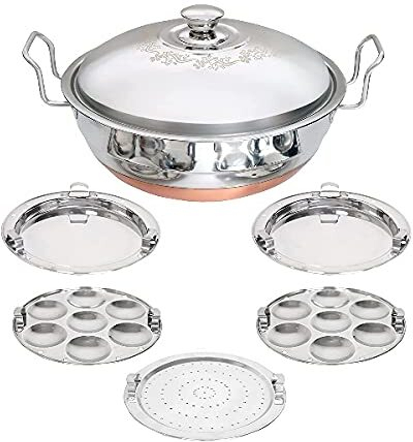Image of WAYMORE All-in-One Steel Cooker Multi Kadai Steamer with Copper Bottom with 5Plates Standard Idli Maker