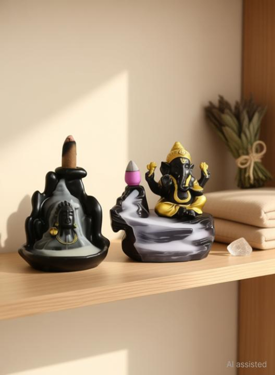 Image of Shree Shyam Traders Adiyogi and Ganesha combo with 50 pcs fragrance cones Polyresin Incense Holder