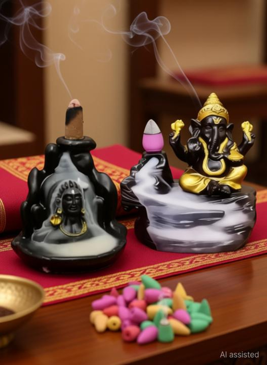Image of Shree Shyam Traders Adiyogi and Ganesha combo with 50 pcs fragrance cones Polyresin Incense Holder